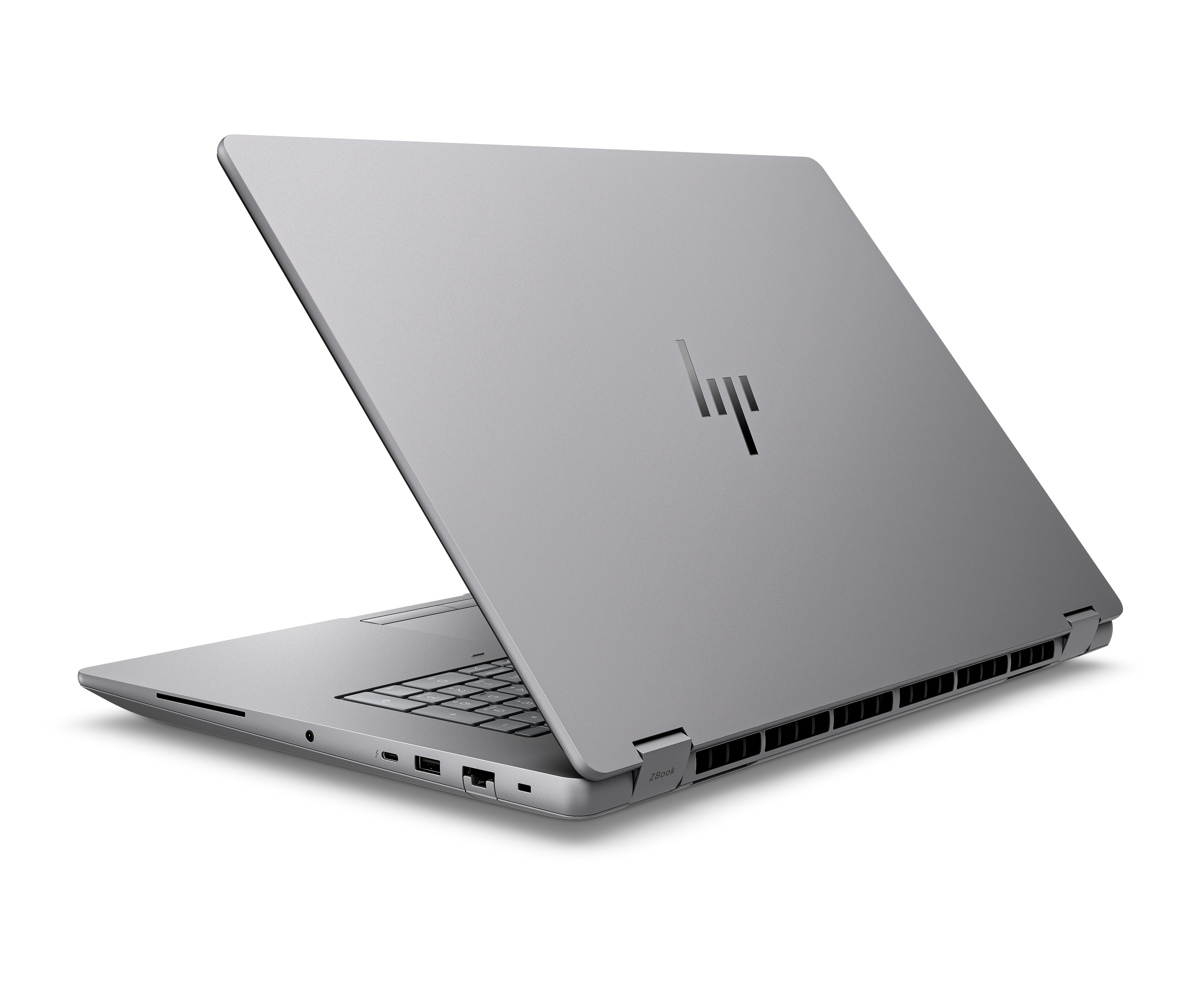 Ein graues HP Laptop mit geöffnetem Deckel, auf weißem Hintergrund.