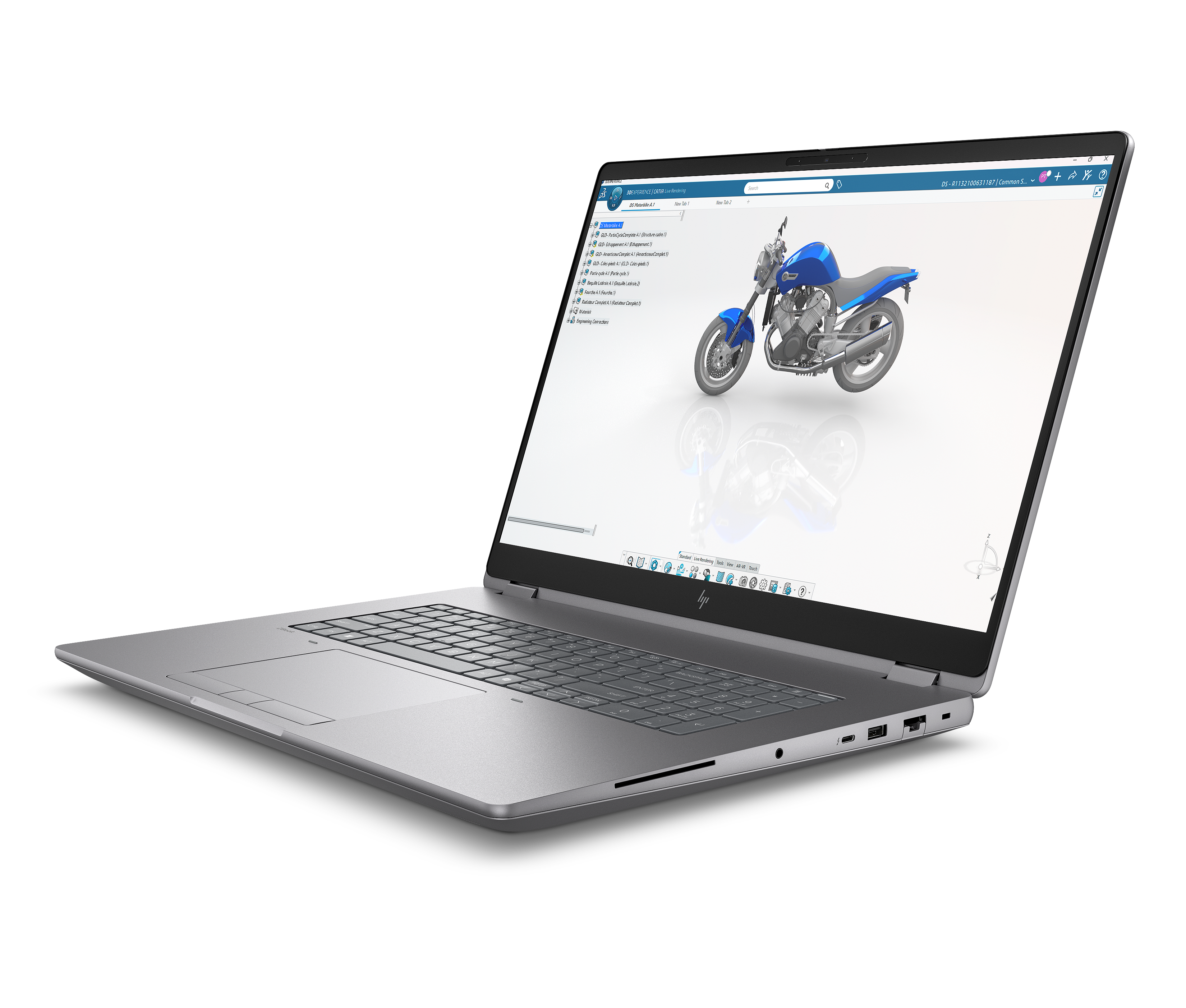 Ein silberner Laptop zeigt einen blauen Motorrad-3D-Entwurf auf dem Bildschirm.