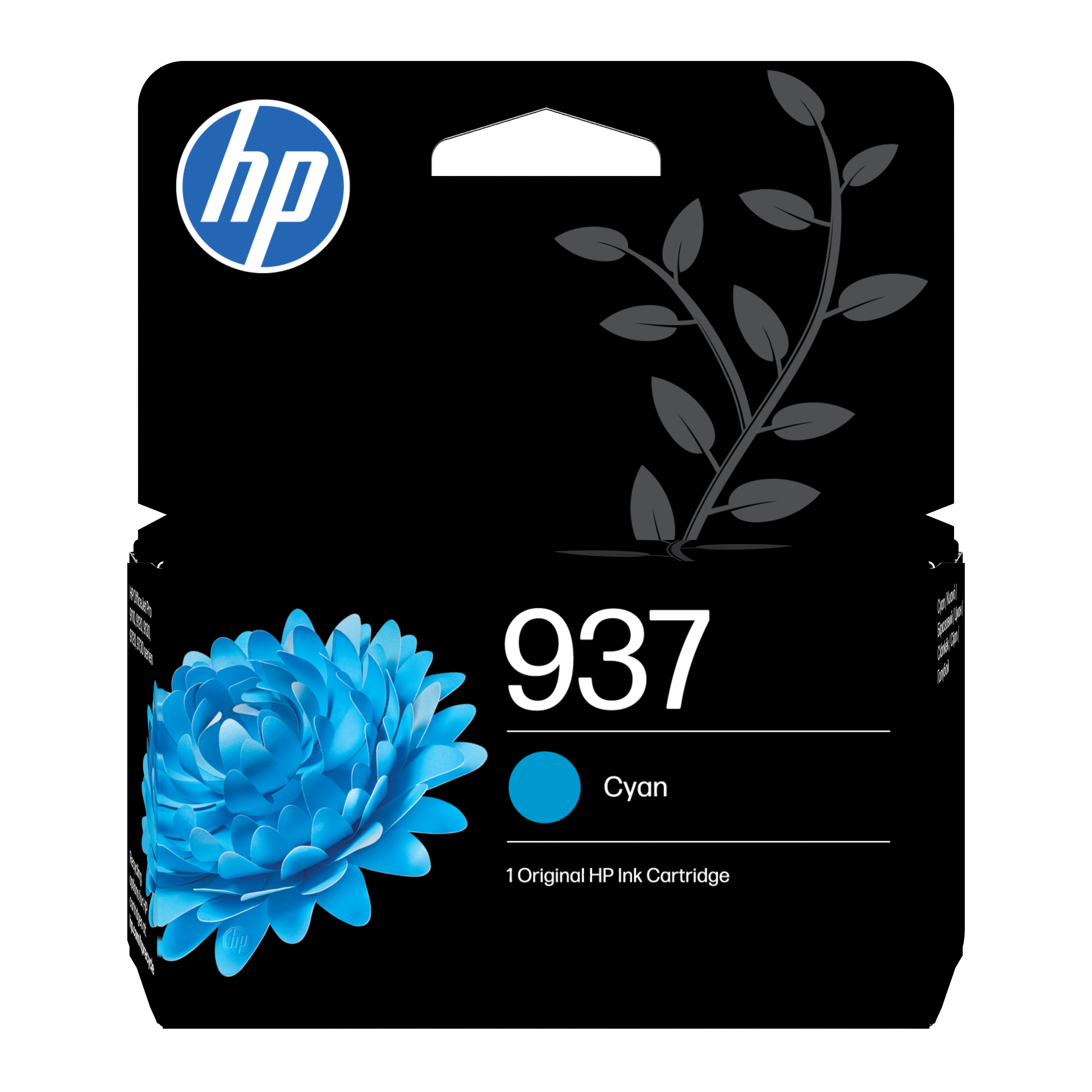 HP 937 Cyan Tintenpatrone mit blauer Blume und HP Logo auf schwarzem Hintergrund.