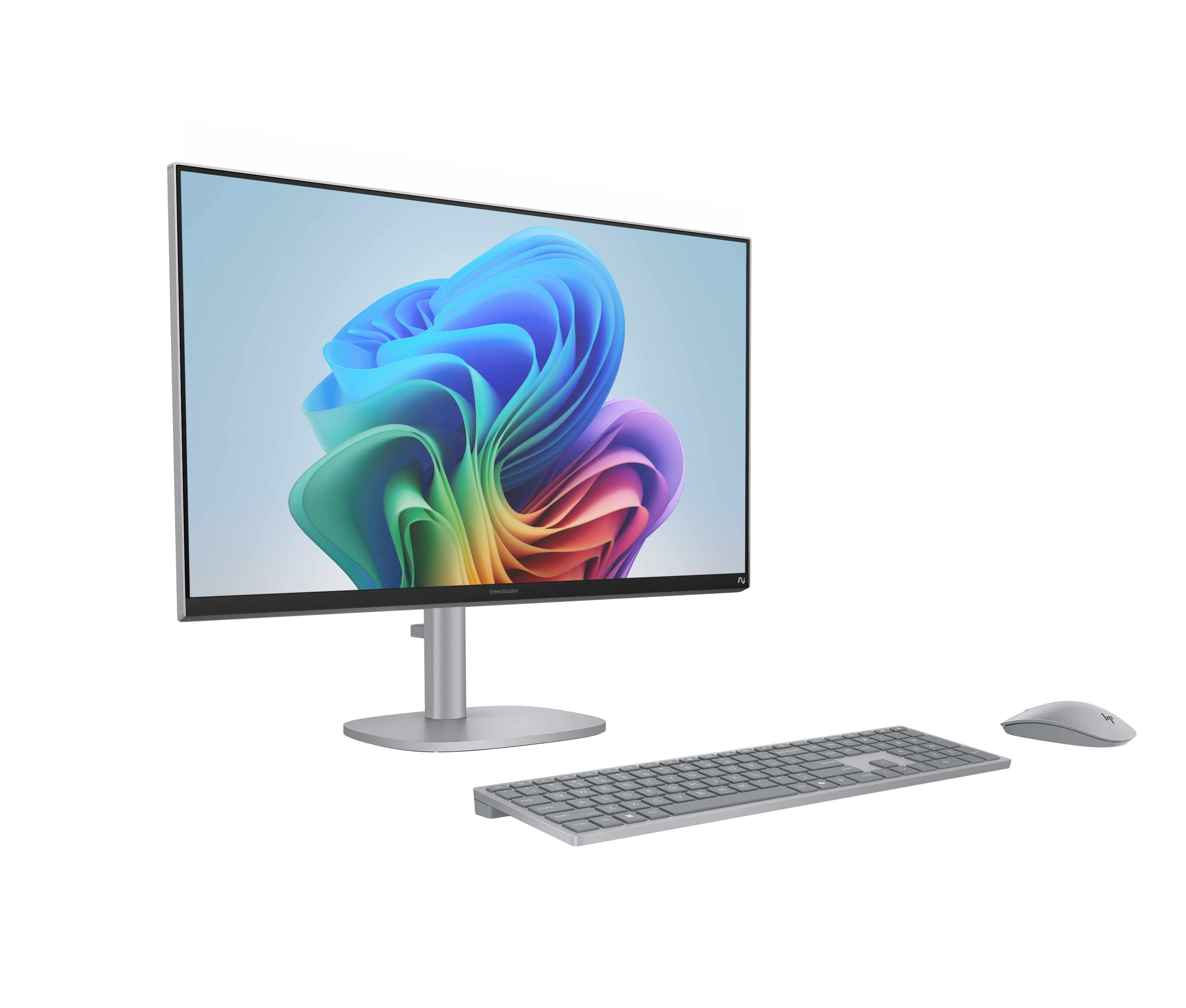 Een moderne zilveren computermonitor met toetsenbord en muis.