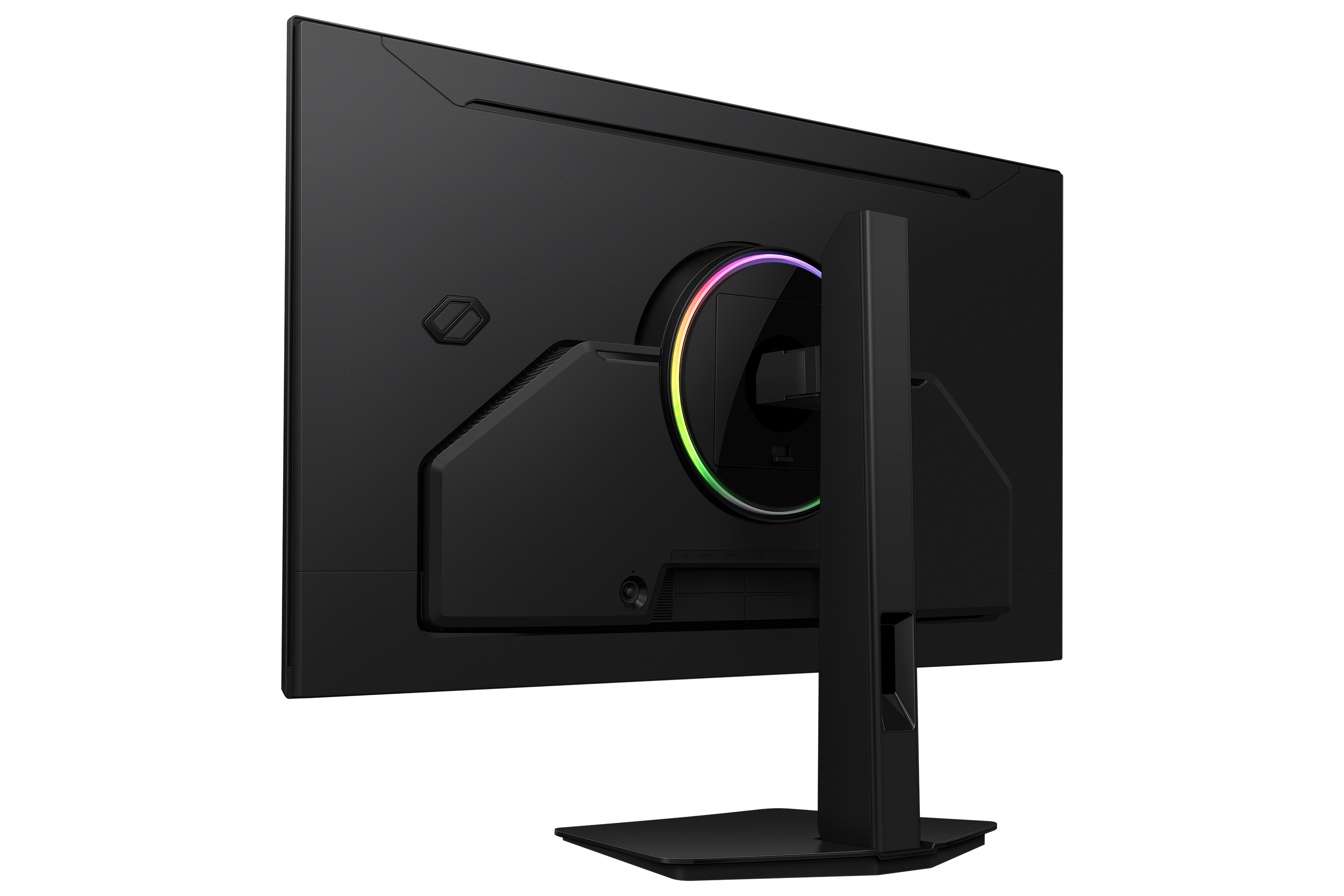 Back of a black monitor with RGB lighting and connection ports.