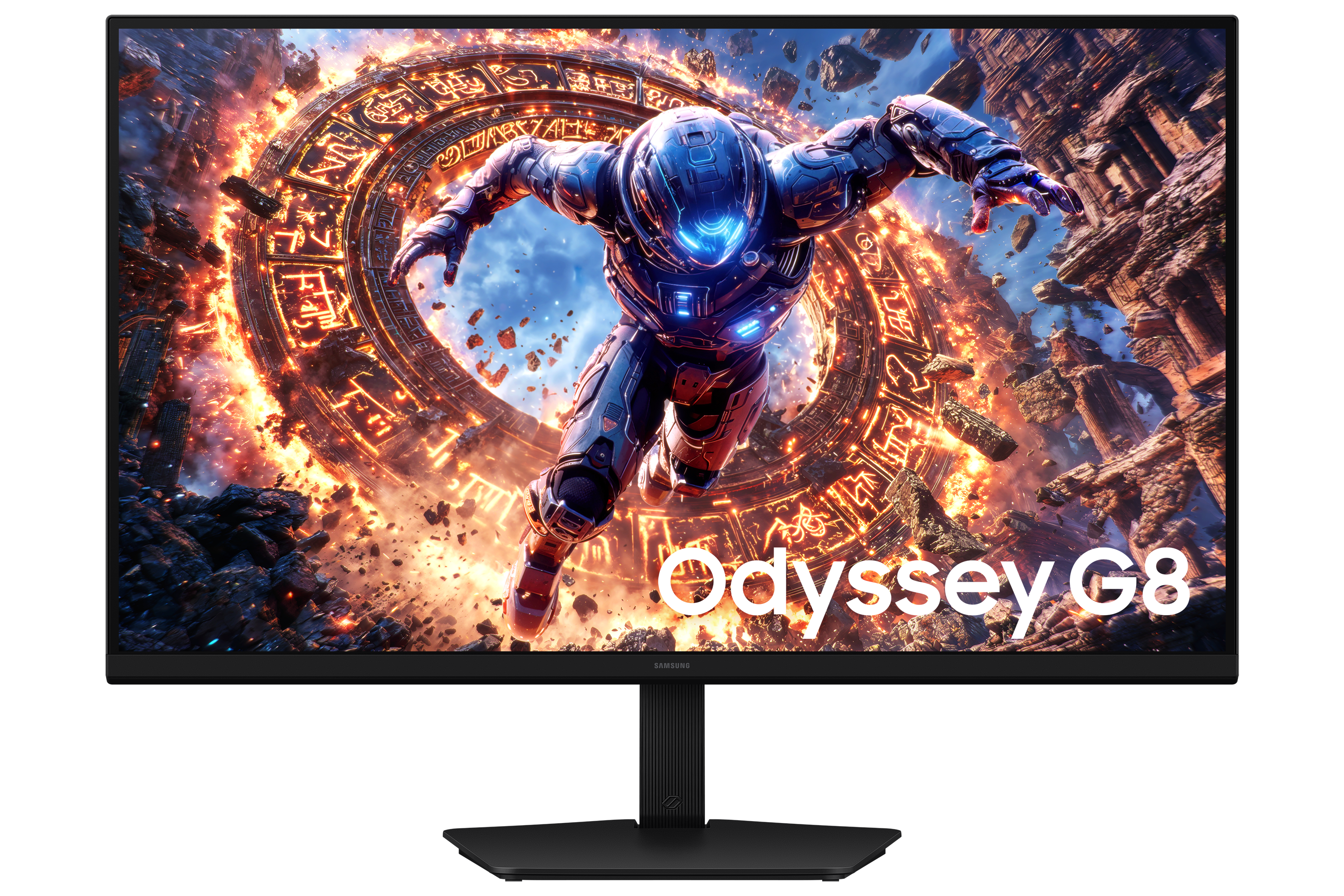 A futuristic warrior leaps before a fiery portal. Odyssey G8.