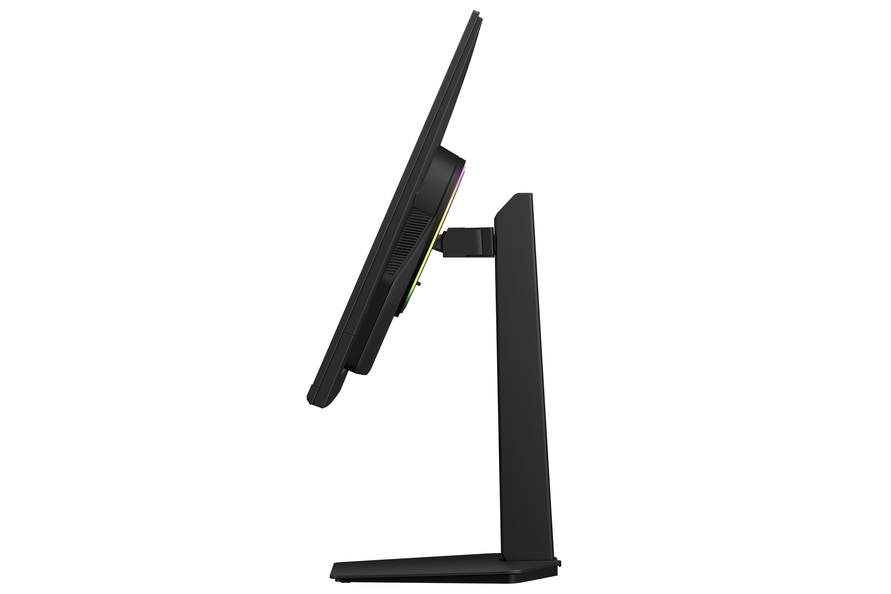 Black monitor on black background, side view with RGB lighting.