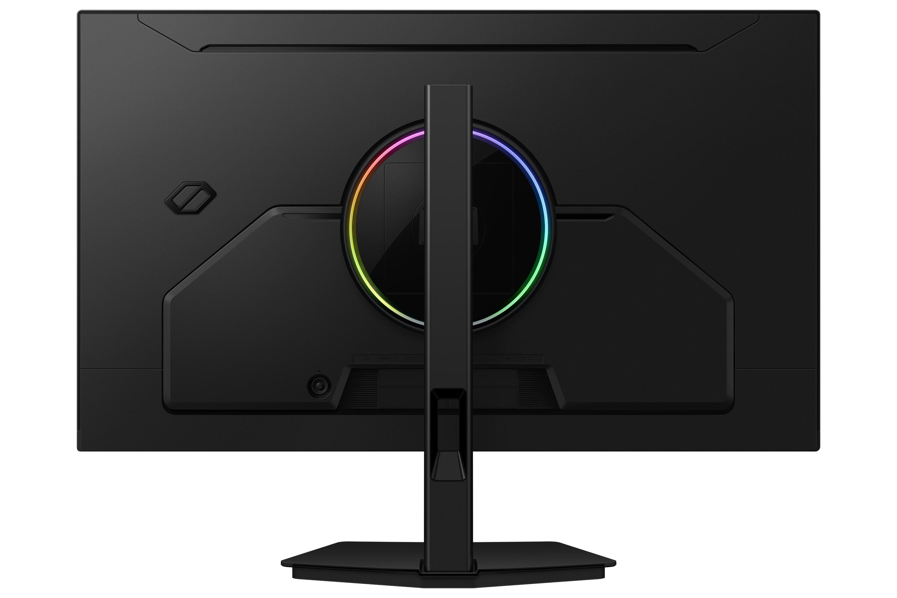 Back of a black monitor with RGB lighting and ports.