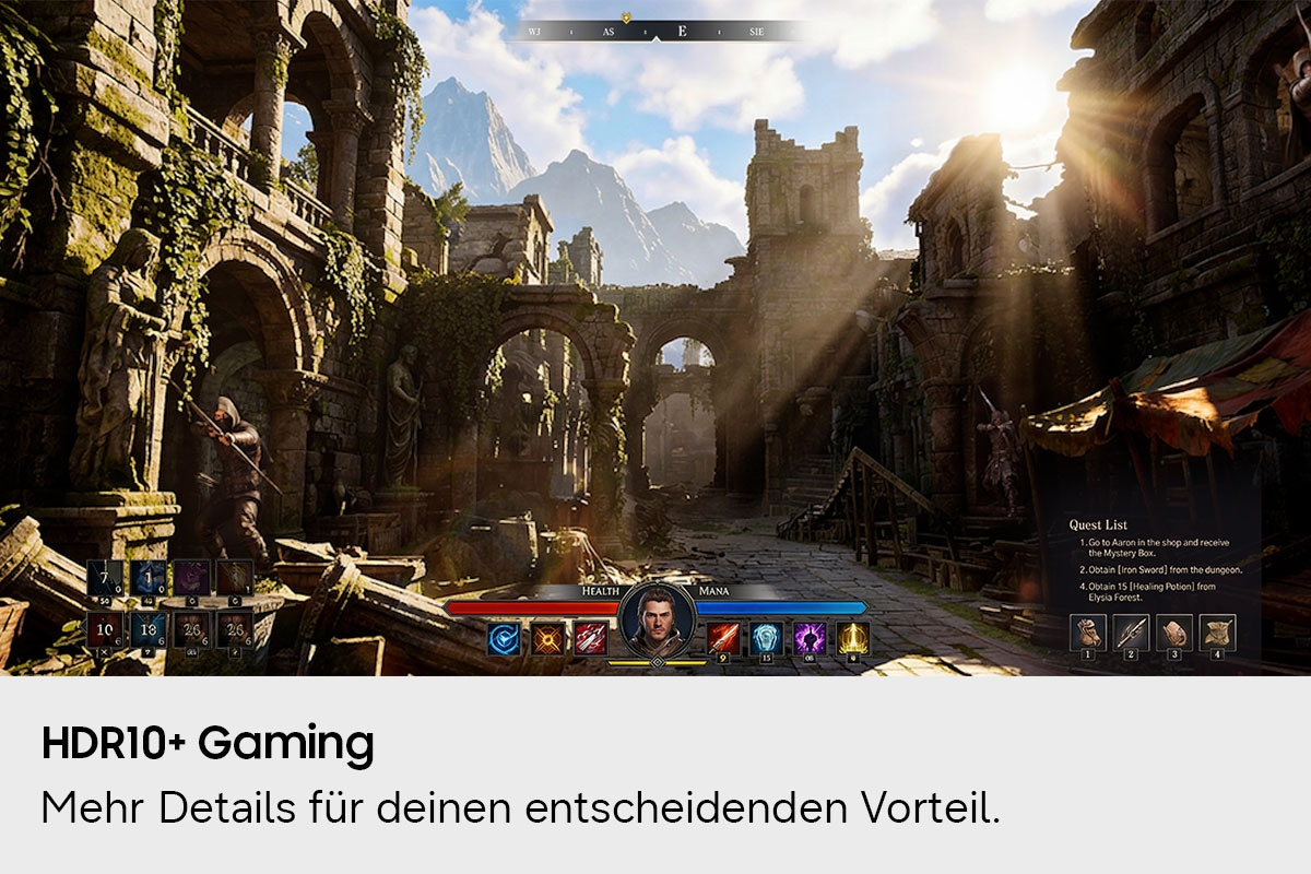 Eine Spiellandschaft mit Ruinen, Bergen und Spiel-HUD. HDR10+ Gaming Text darunter.