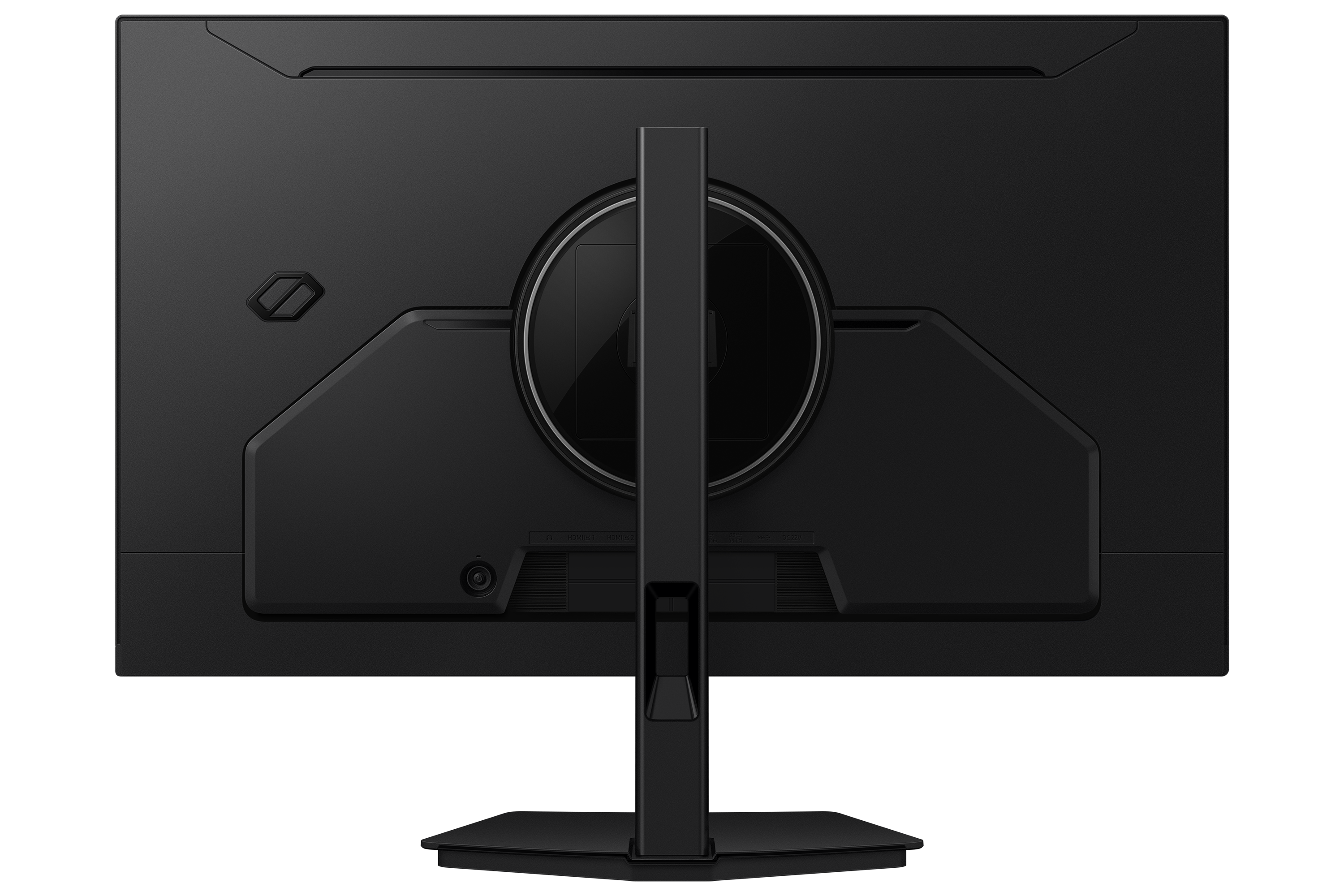 Rückseite eines schwarzen Monitors mit einem zentralen Ständer und Anschlüssen.