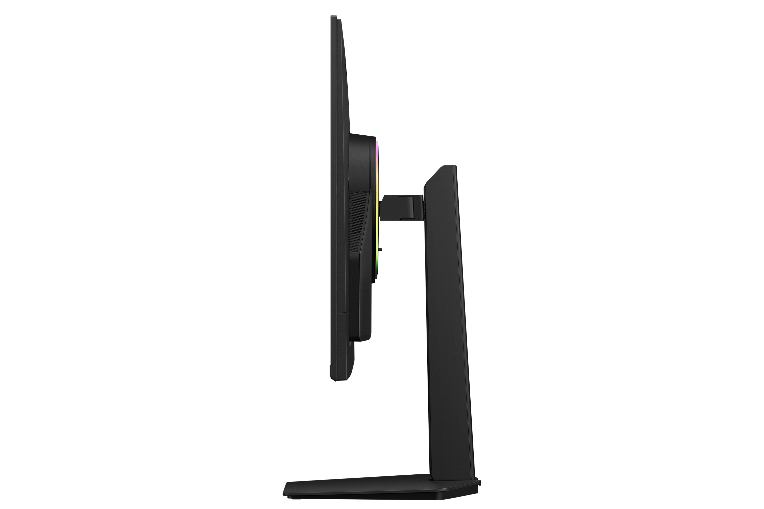 A black monitor with RGB lighting, shown from the side with a black stand.