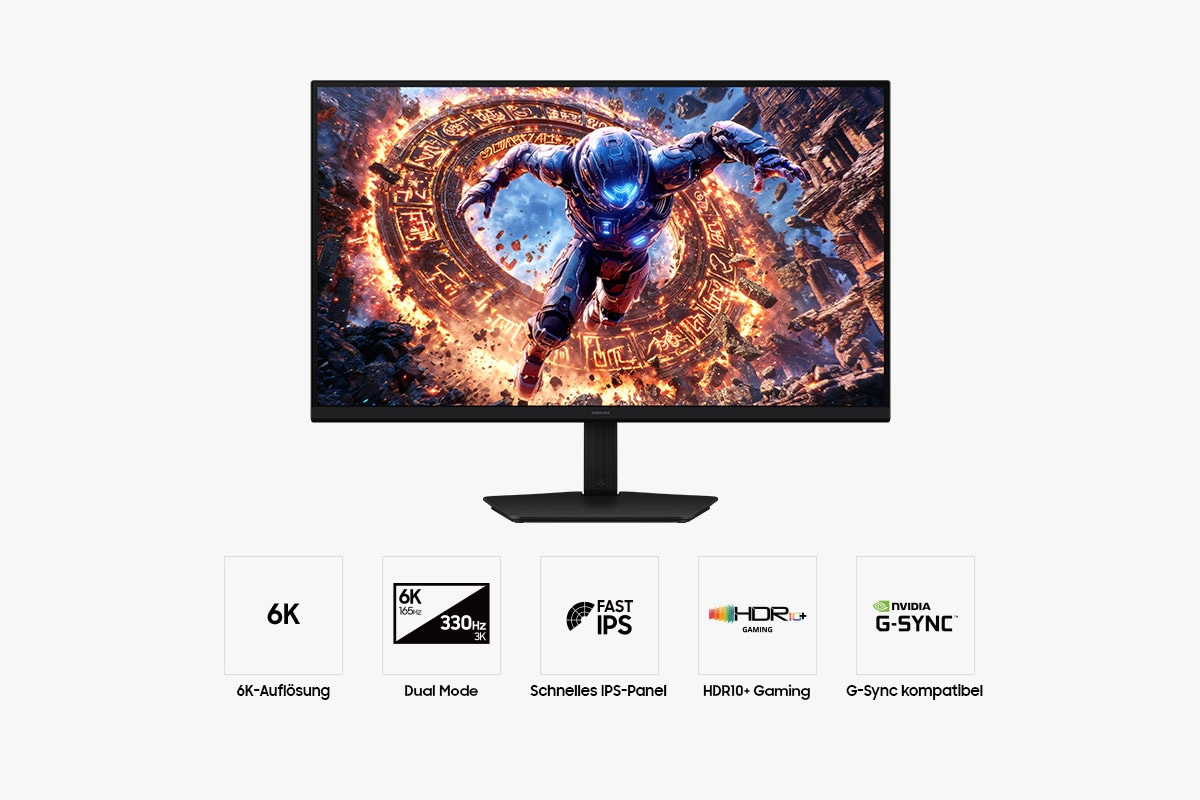 Ein Gaming-Monitor mit einem Krieger auf dem Bildschirm und Icons für 6K, Dual Mode, Fast IPS, HDR10+ und G-Sync.