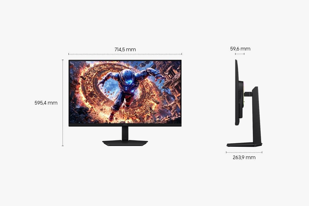Ein Gaming-Monitor mit den Maßen 714,5 mm Breite und 595,4 mm Höhe.