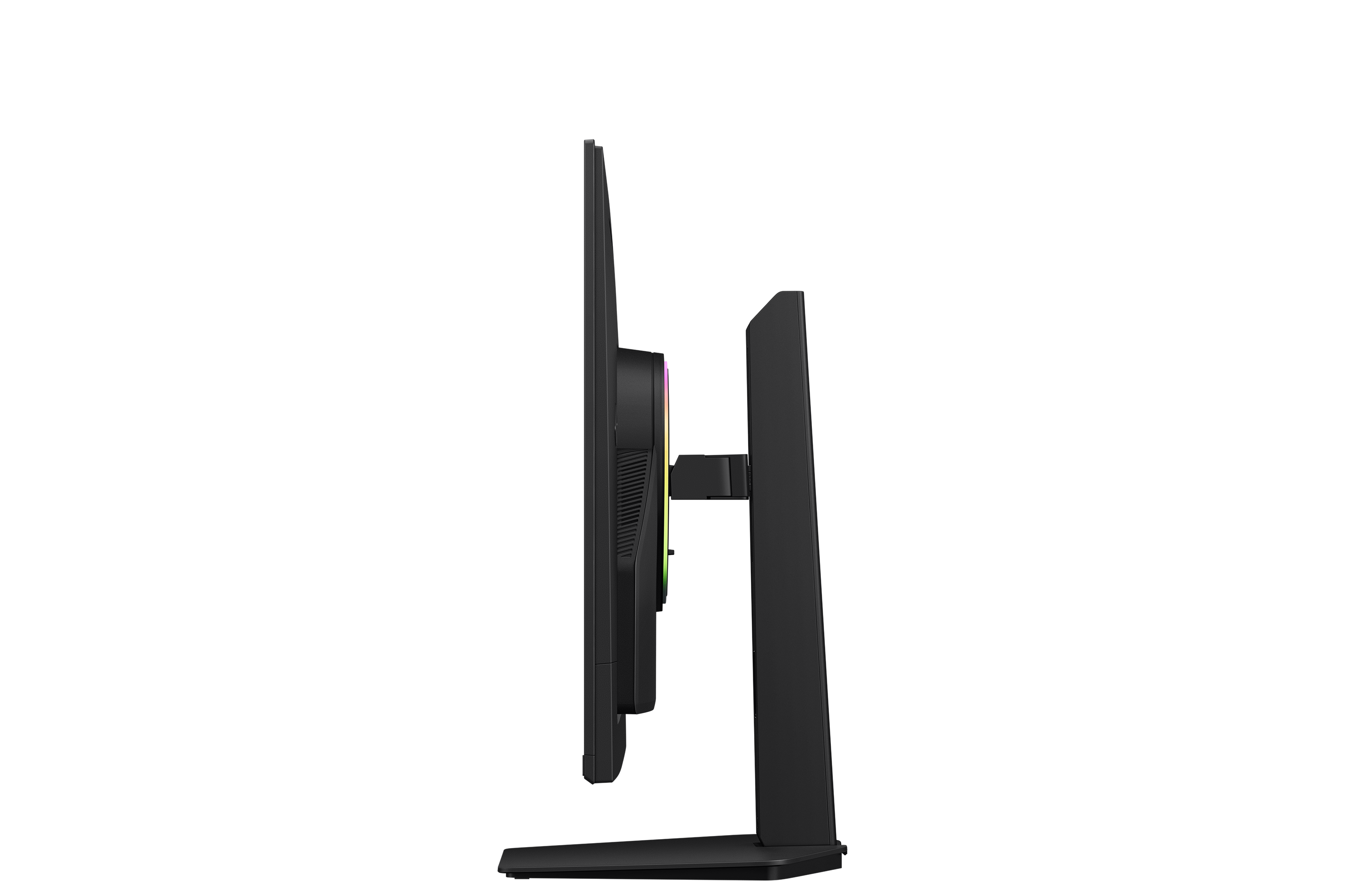 A black monitor on a black background, viewed from the side.