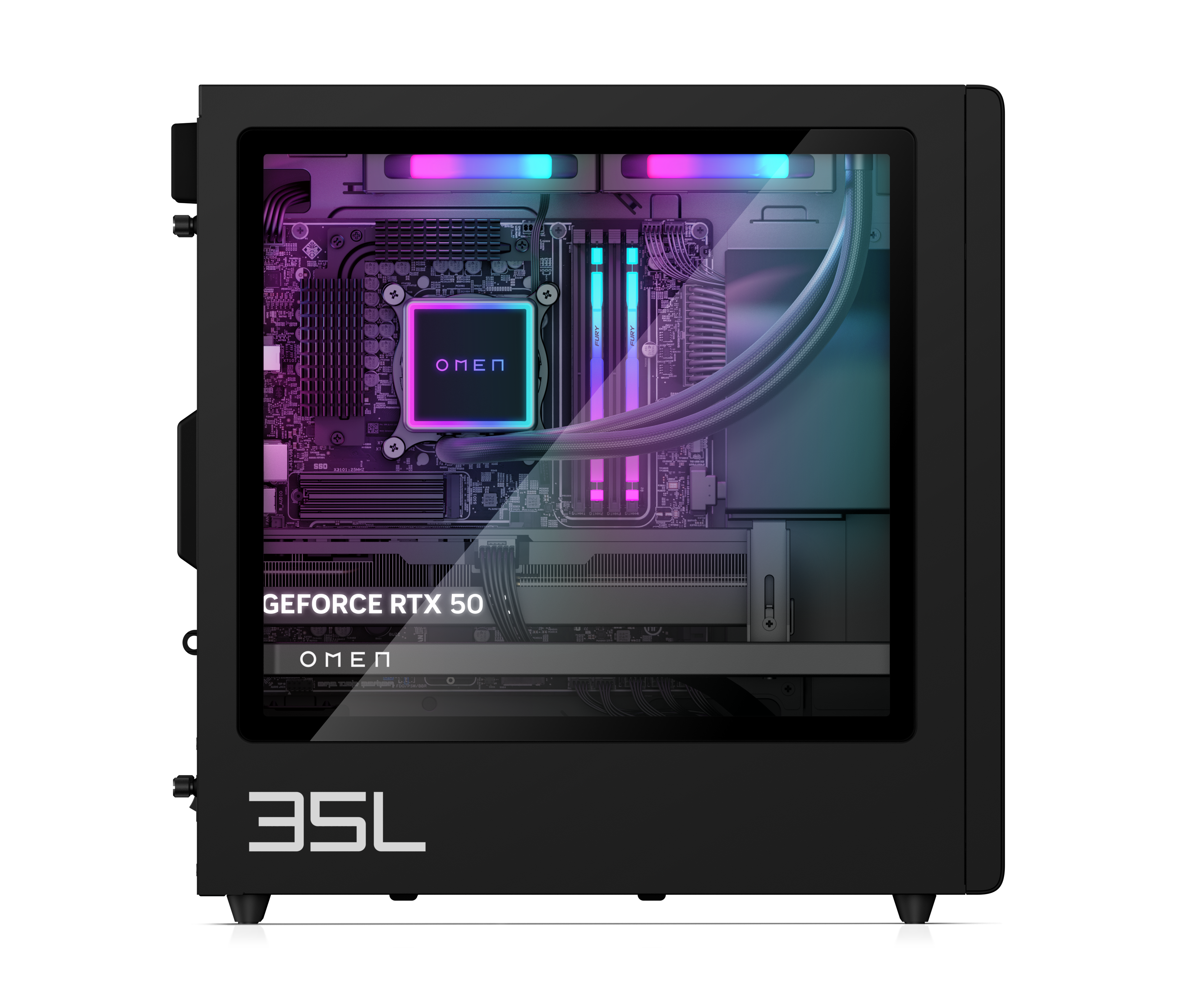 Schwarzer Gaming-PC mit RGB-Beleuchtung und sichtbaren Komponenten.