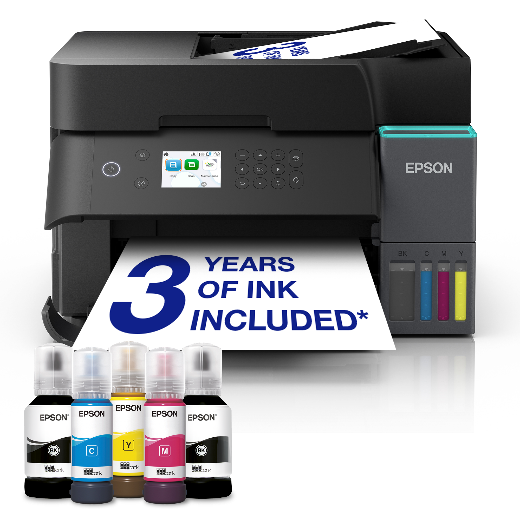 Ein schwarzer Epson EcoTank Drucker mit bedrucktem Blatt und Tintenflaschen.