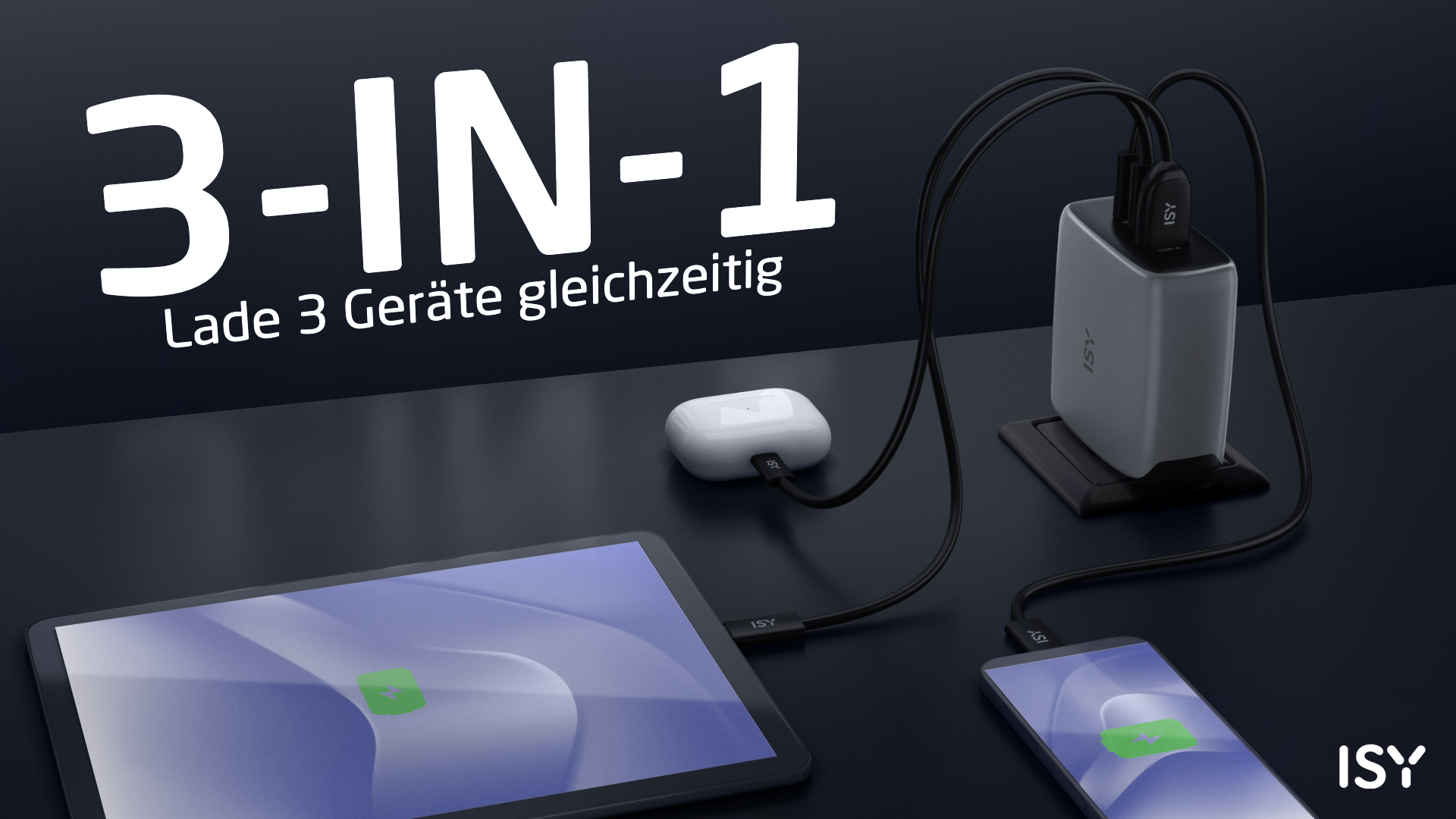 Ładowarka 3 w 1 ładuje jednocześnie tablet, smartfon i słuchawki.