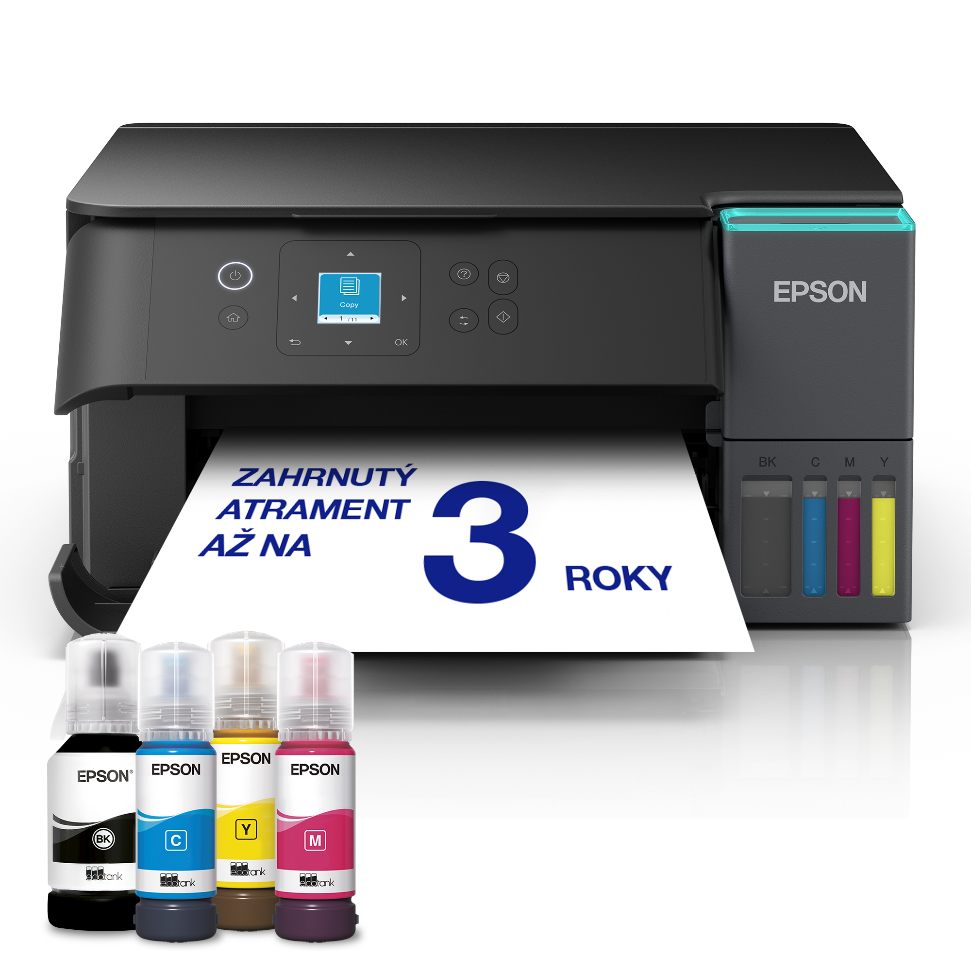 Czarna drukarka Epson EcoTank z butelkami tuszu BK, C, M, Y i papierem.