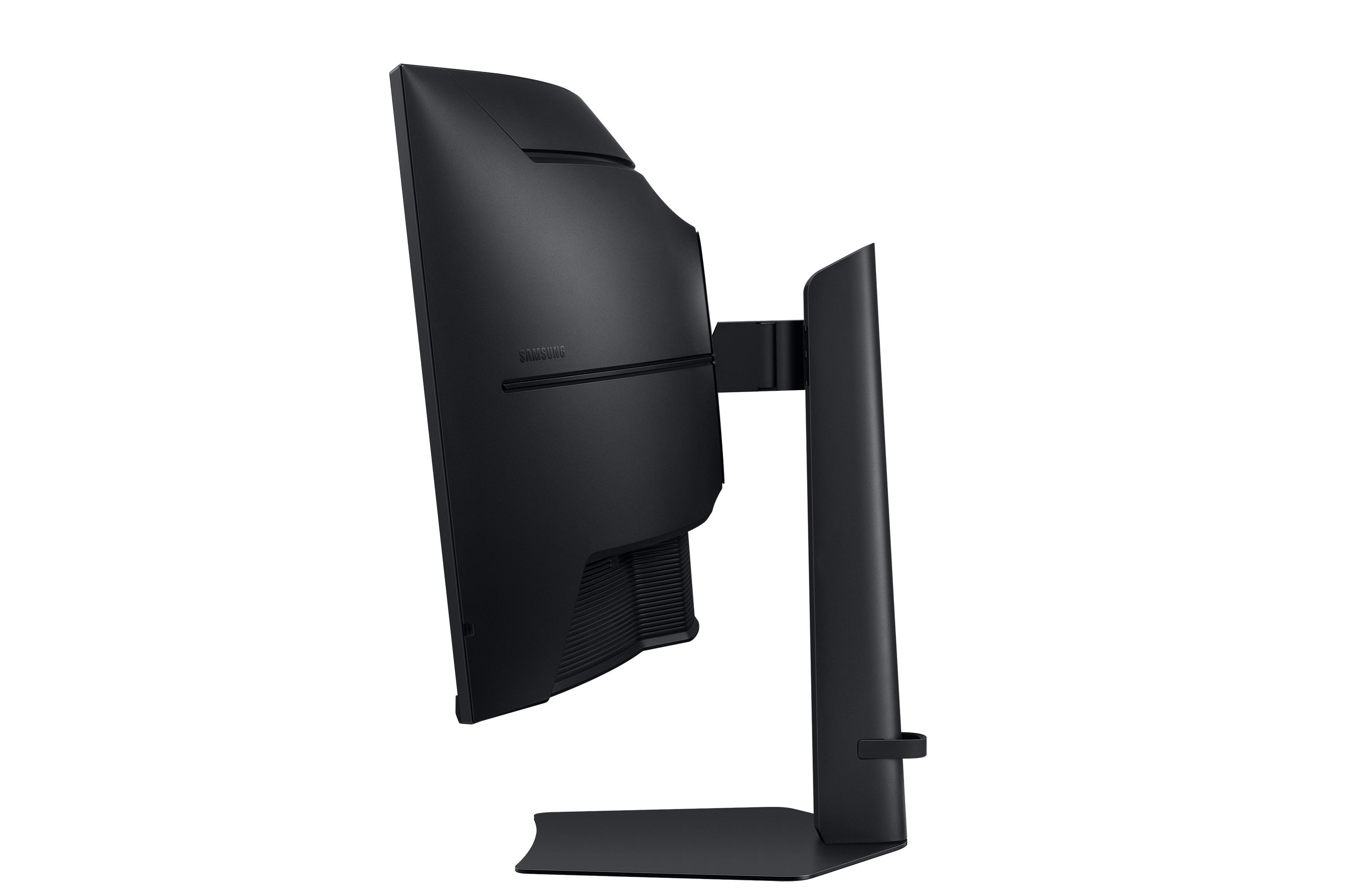 Black monitor back with stand, isolated on black background. Samsung logo visible.