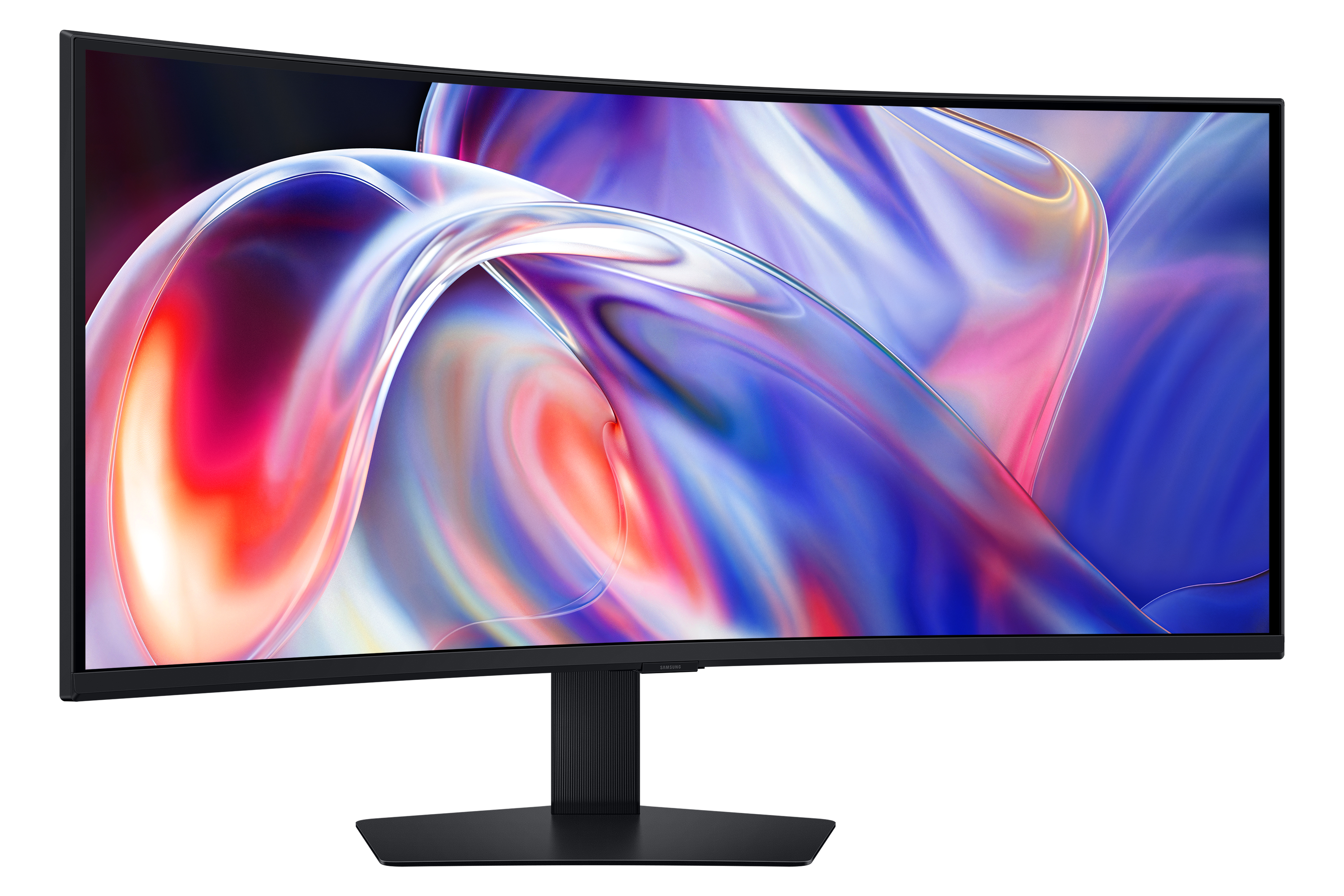 A curved monitor displaying an abstract, colorful wallpaper.