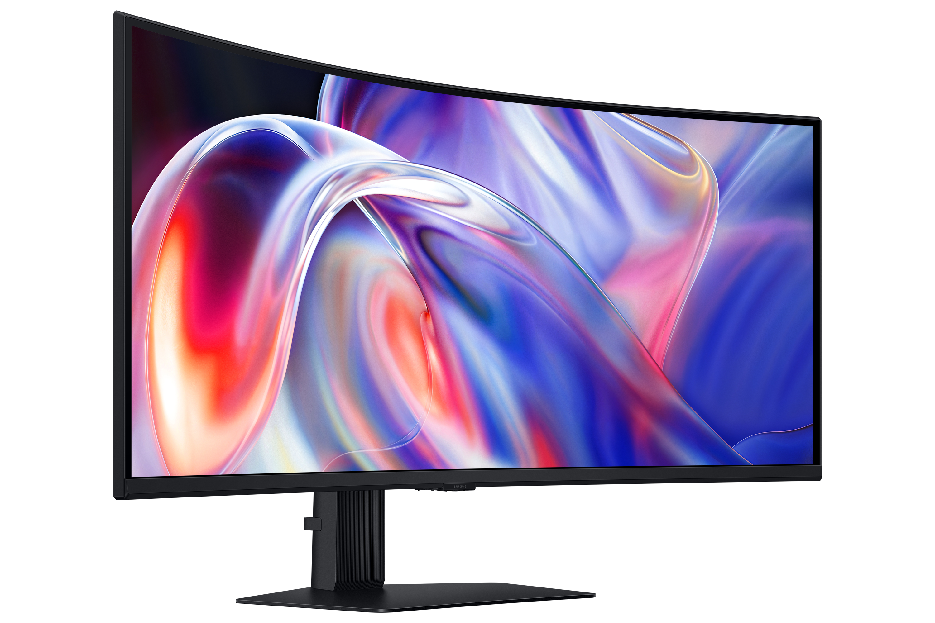 Curved monitor displaying abstract art with pink, blue, and white swirls.