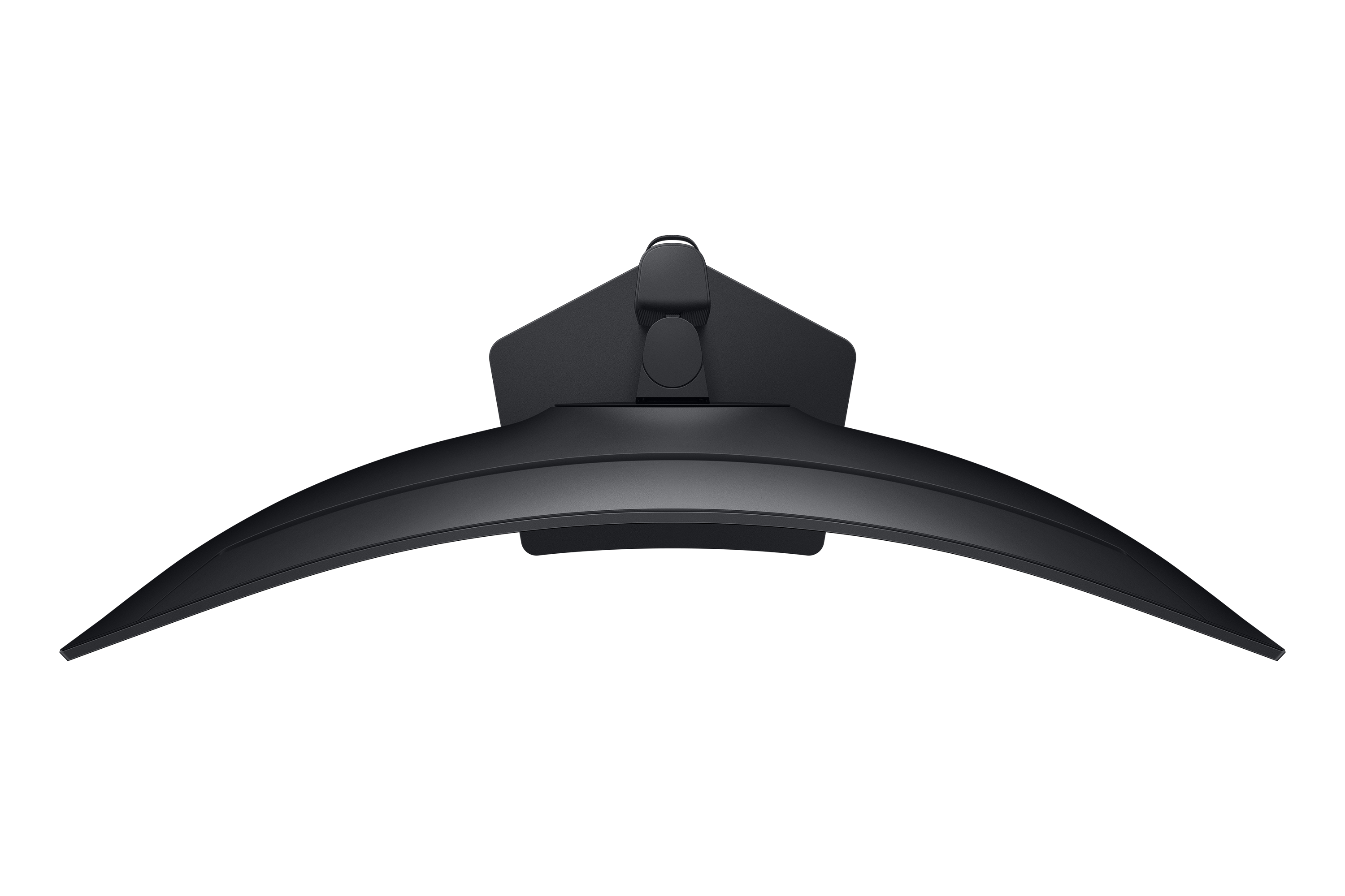 Black, curved computer monitor stand shown from a top-down view.