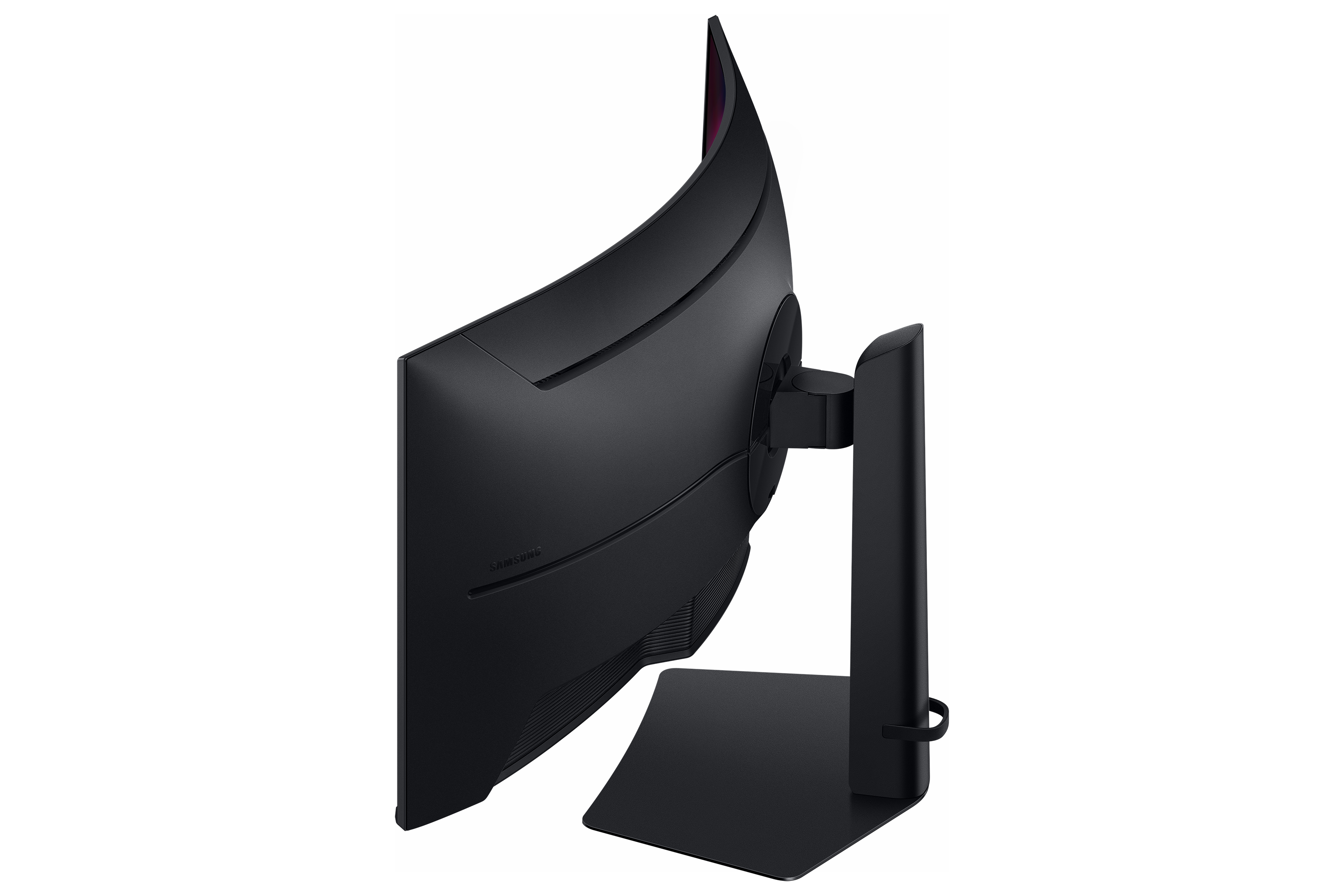 Rear view of a black, curved monitor with a silver Samsung logo.