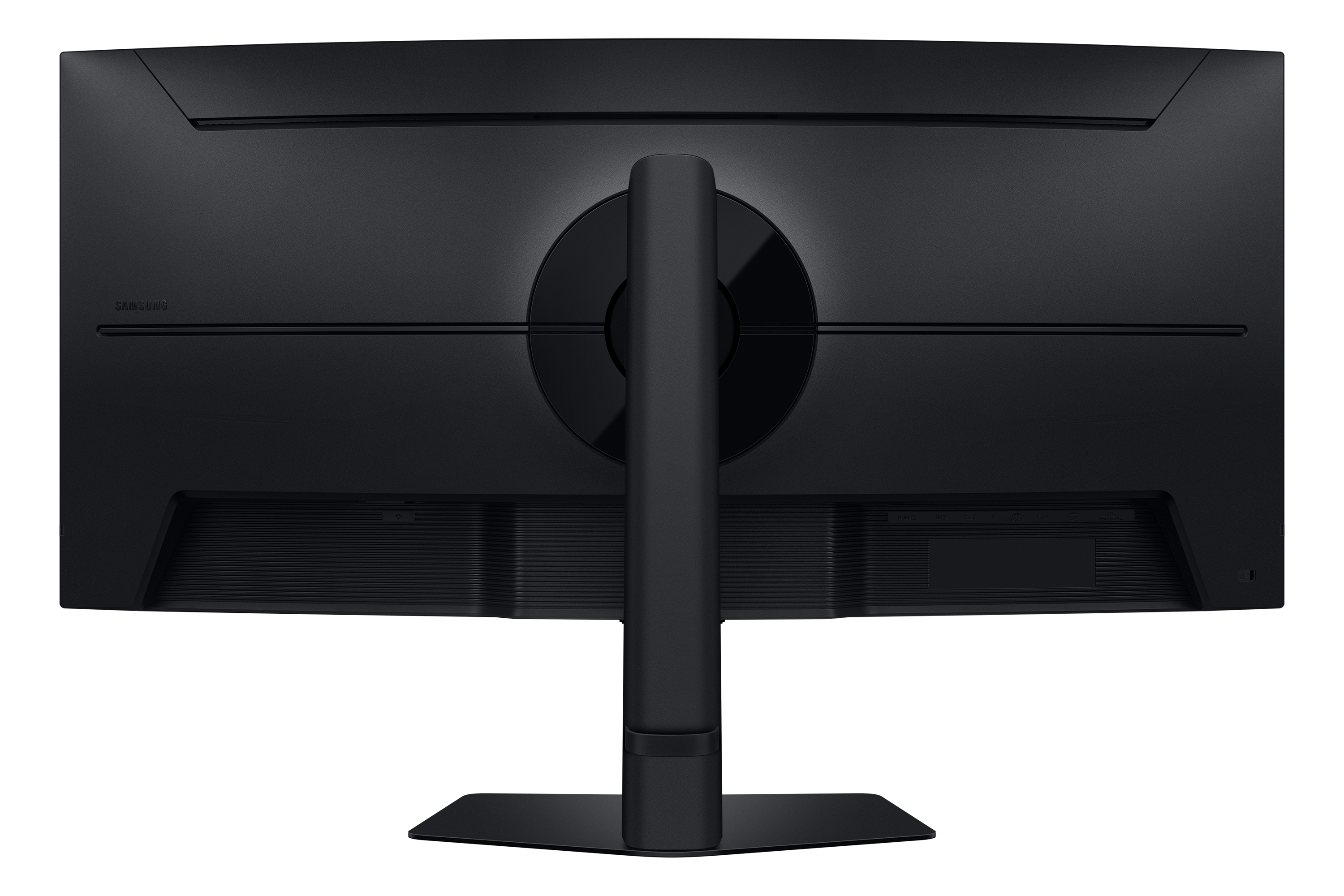 Back view of a black Samsung monitor with stand and ports.