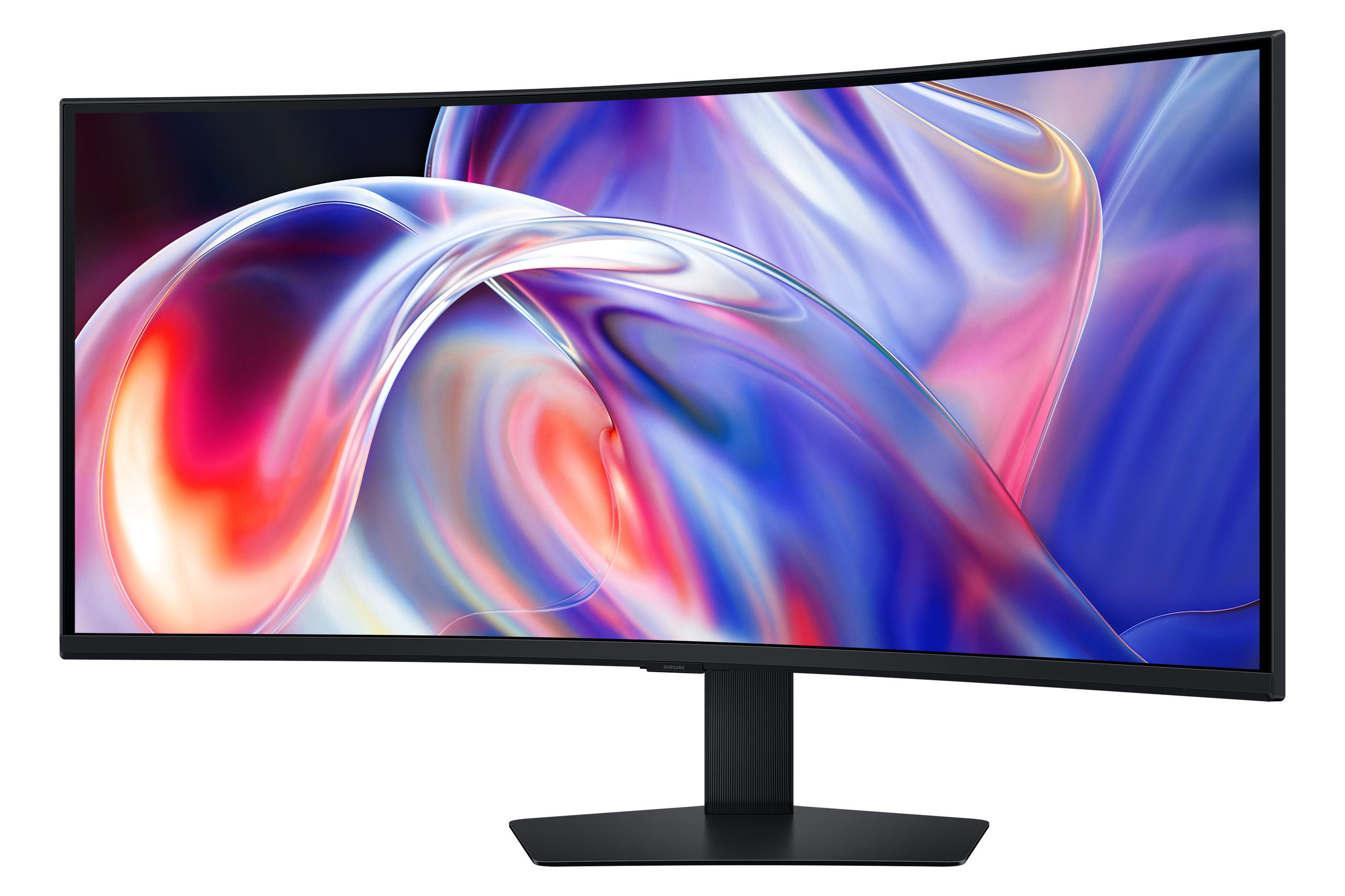 A curved monitor displaying a vibrant, abstract background in red, blue, and yellow hues.