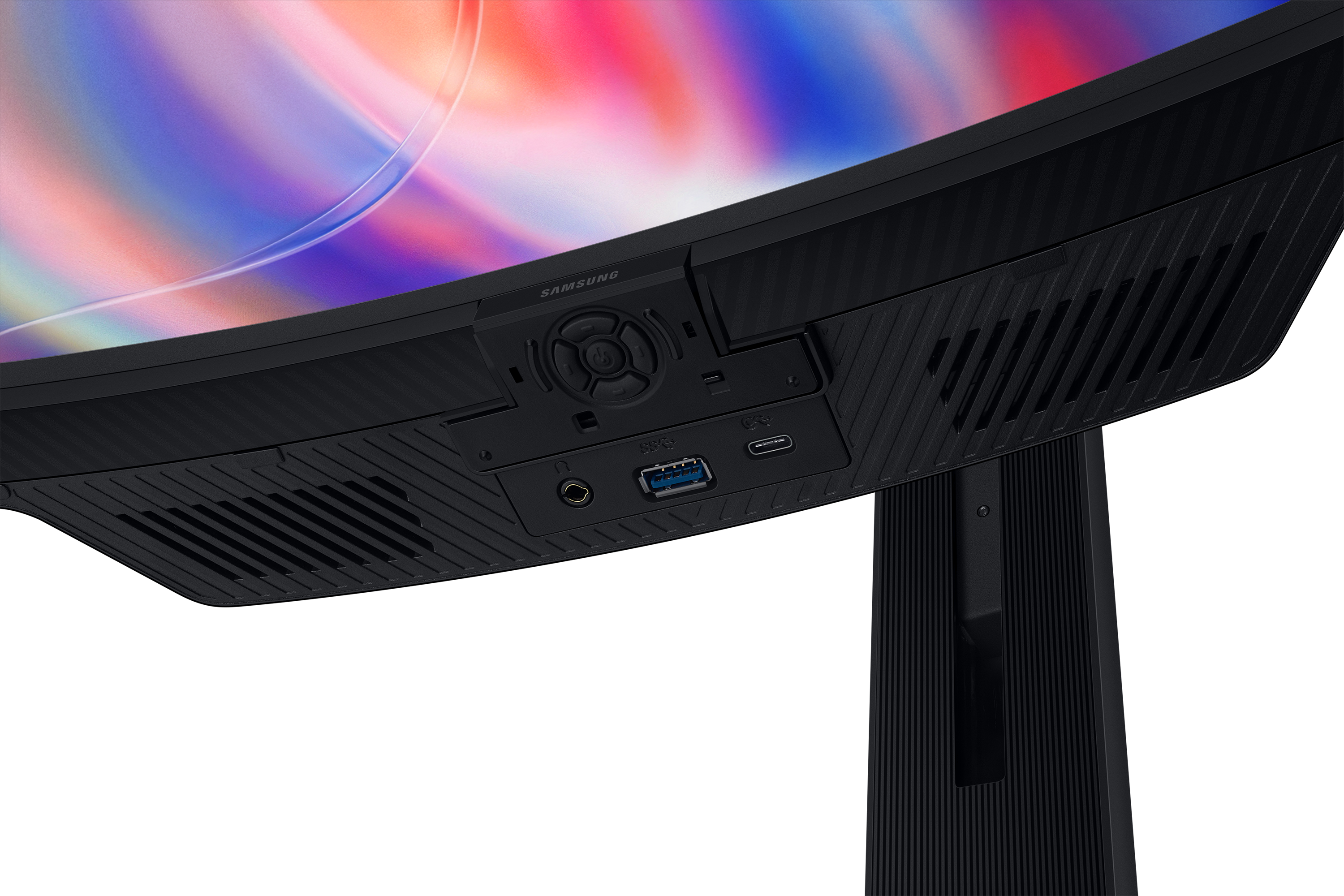 Close-up of a black monitor with ports and colorful background display.