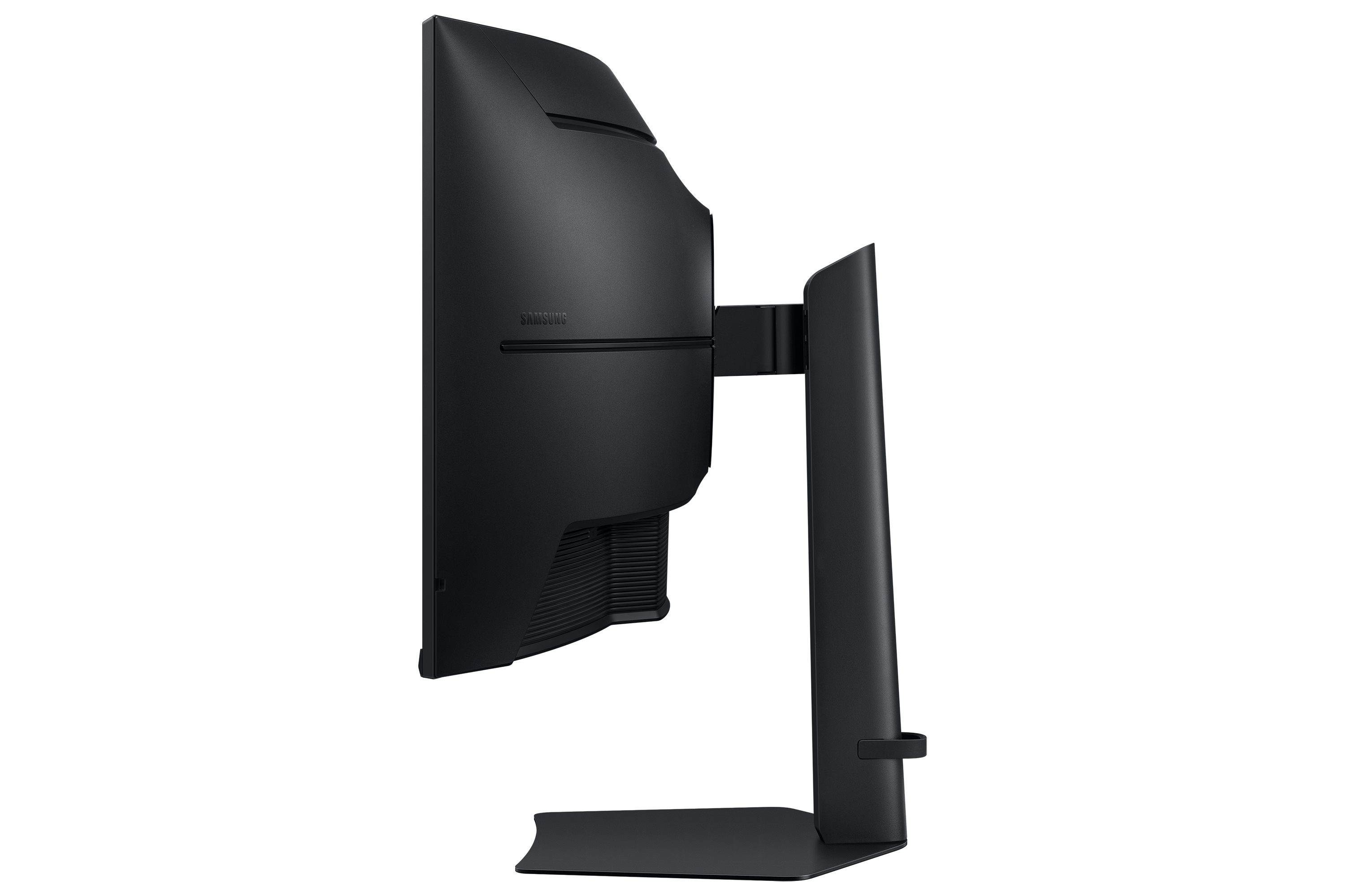 Rear view of a black monitor with Samsung logo and stand.