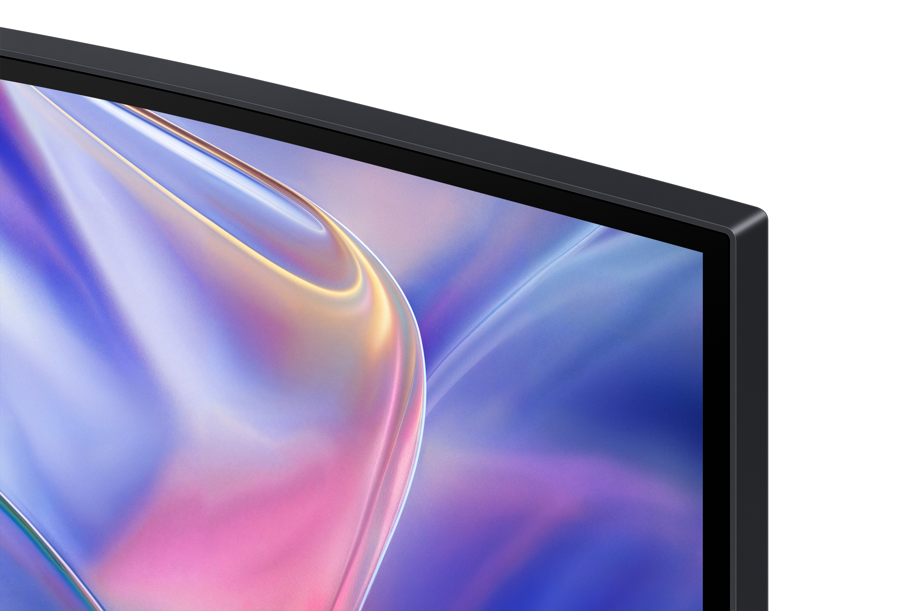 Gray monitor bezel with abstract colorful screen display in blue and pink.