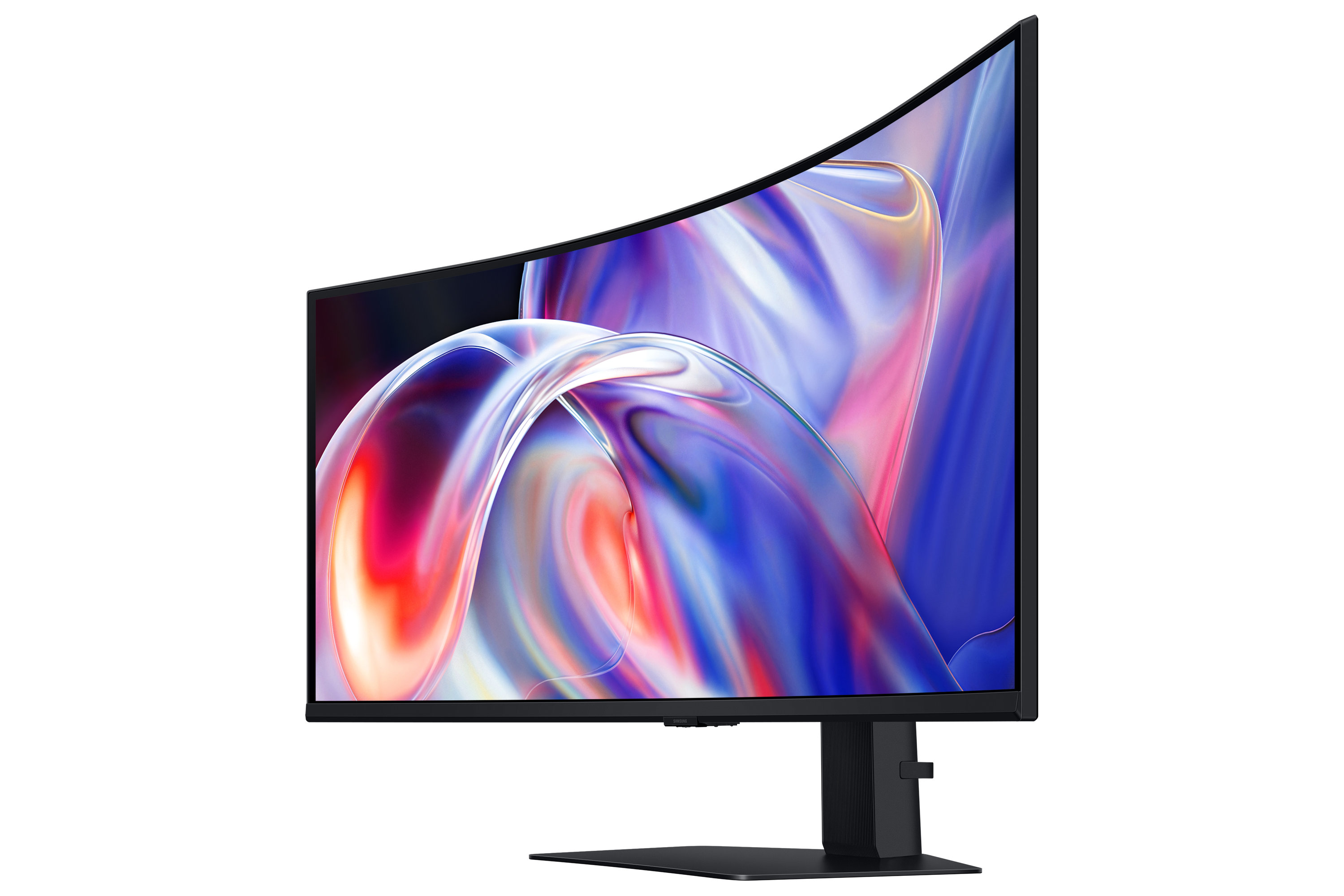 A curved monitor displaying an abstract, colorful wallpaper on a black background.