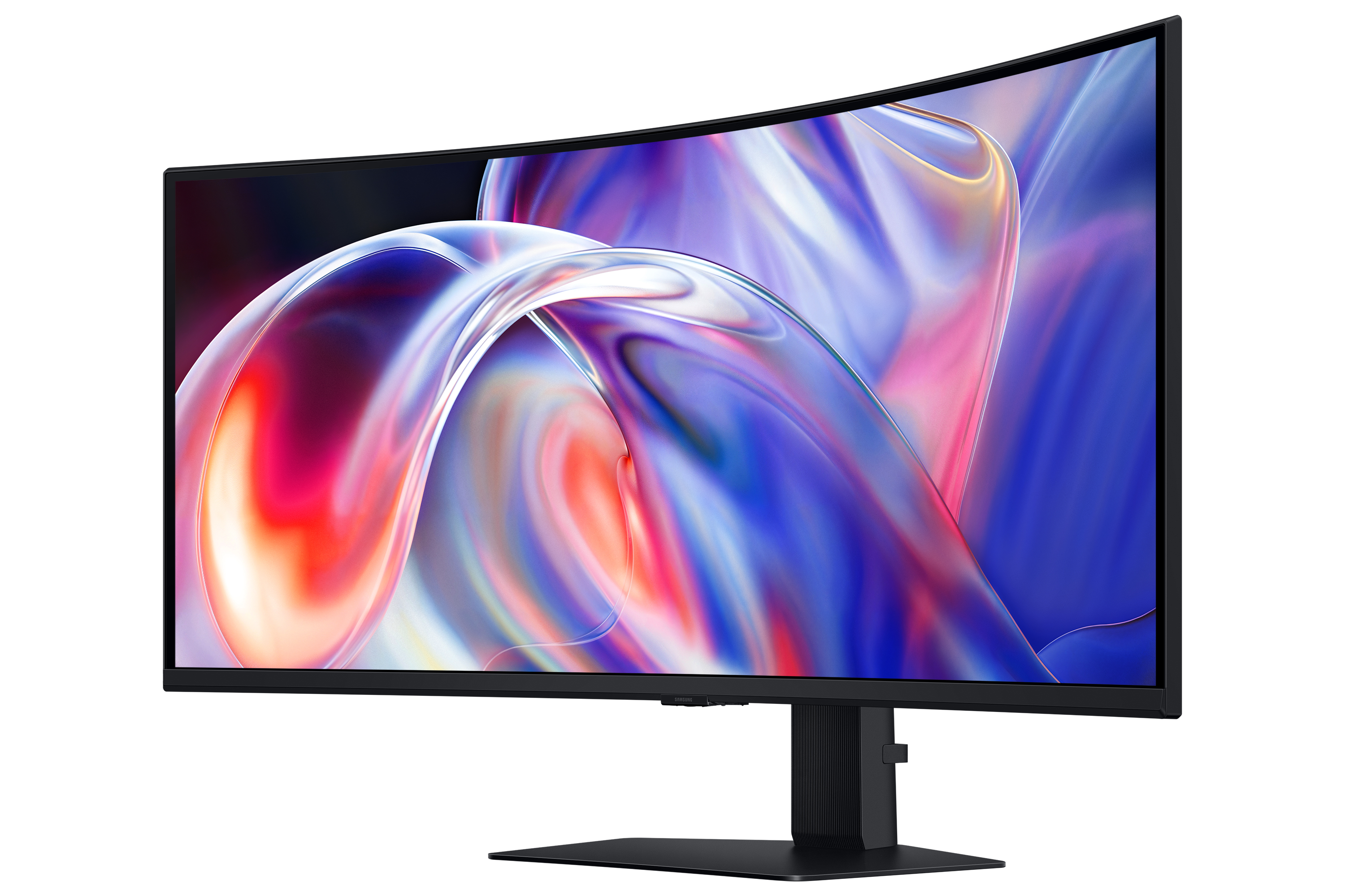 A curved monitor displaying an abstract, colorful background image.