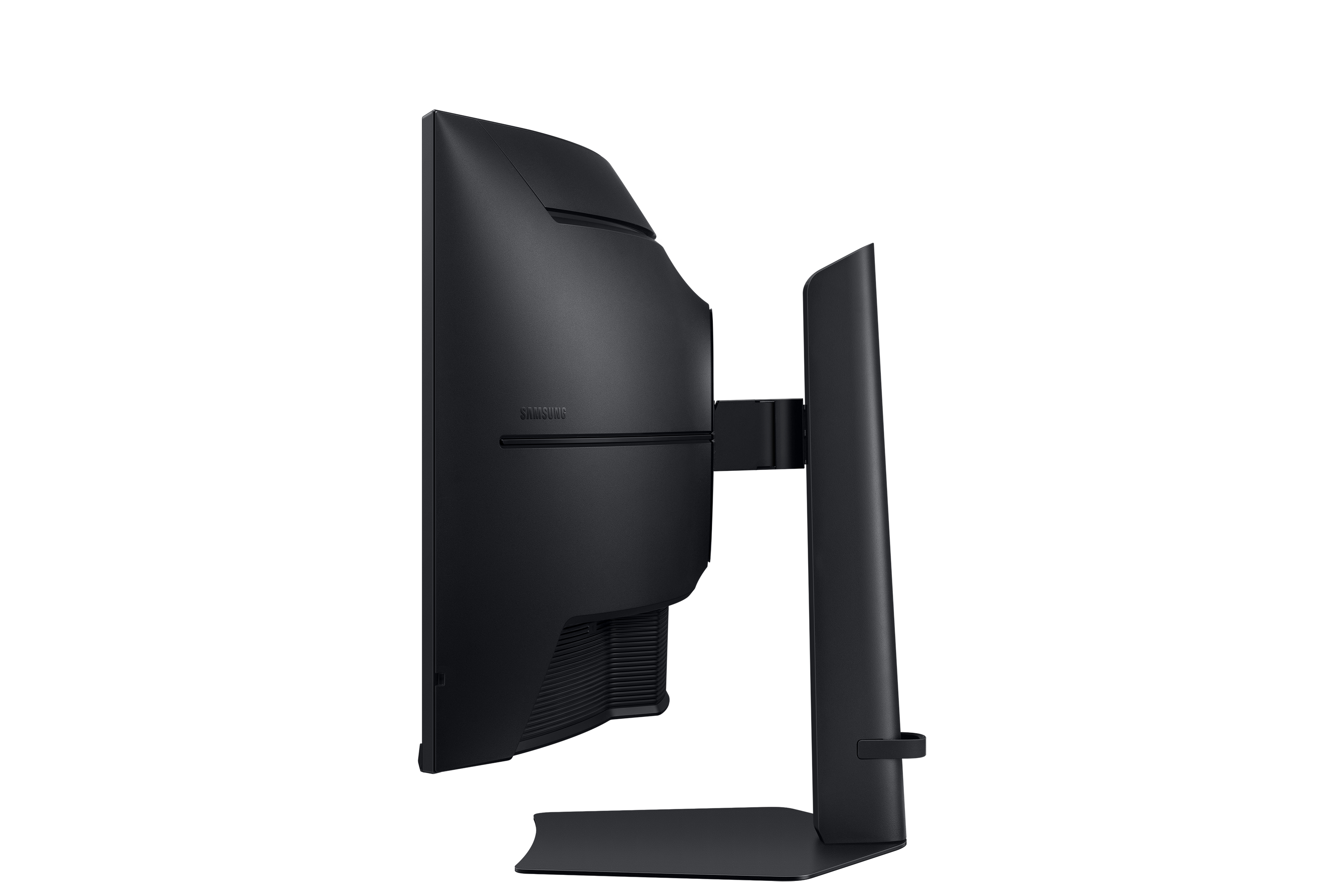 Black monitor stand from the side showing the Samsung logo.