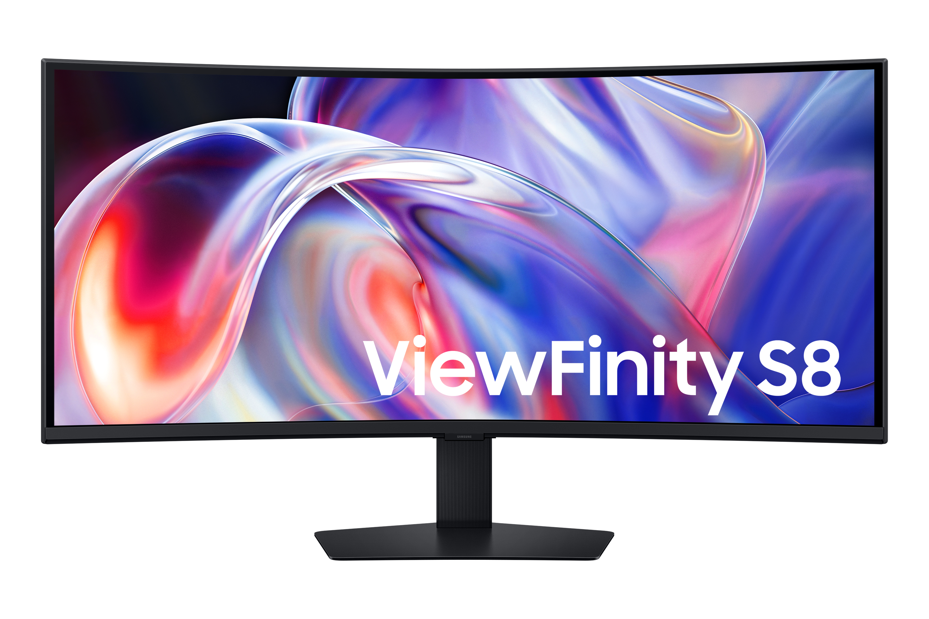 A curved monitor displaying 'ViewFinity S8' with an abstract colorful background.