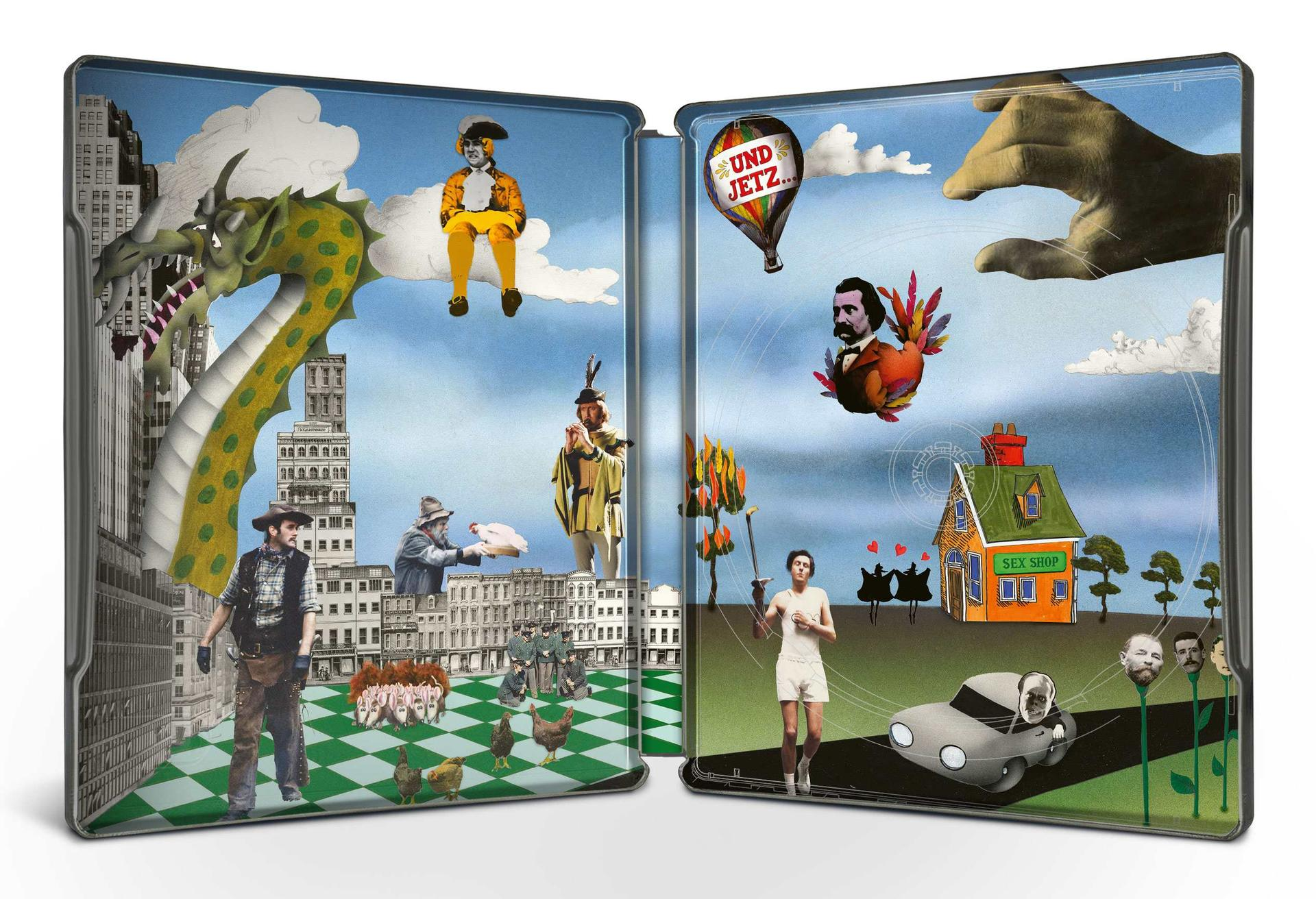 Surreale Collage: Drache, Cowboy, Schweine, Läufer, Heißluftballon, Sexshop.