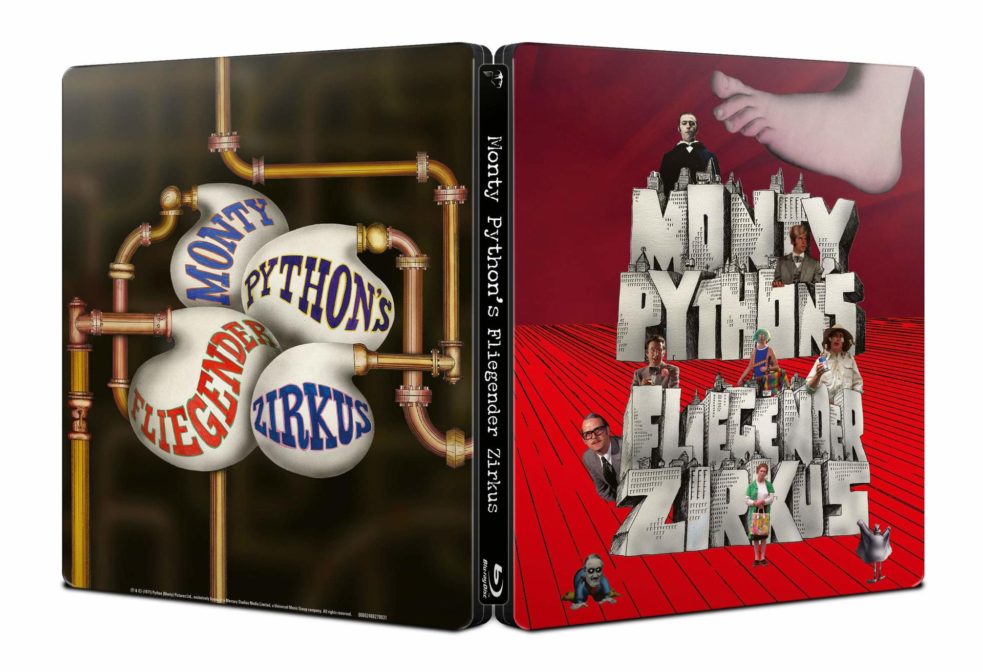 Monty Pythons Fliegender Zirkus Steelbook mit surrealen Bildern und Schriftzügen.