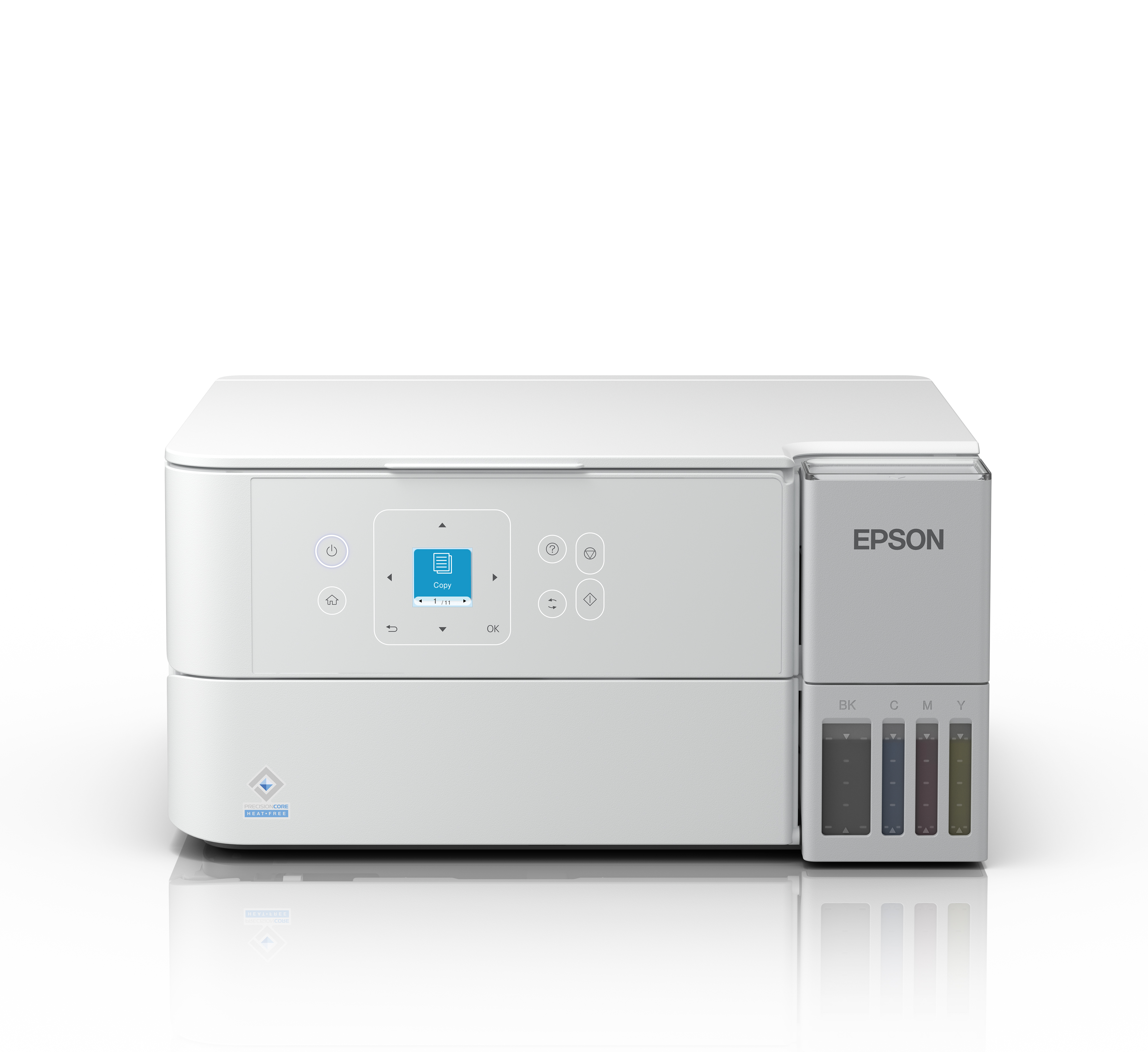 Una stampante Epson bianca con display touchscreen e serbatoi d'inchiostro visibili.