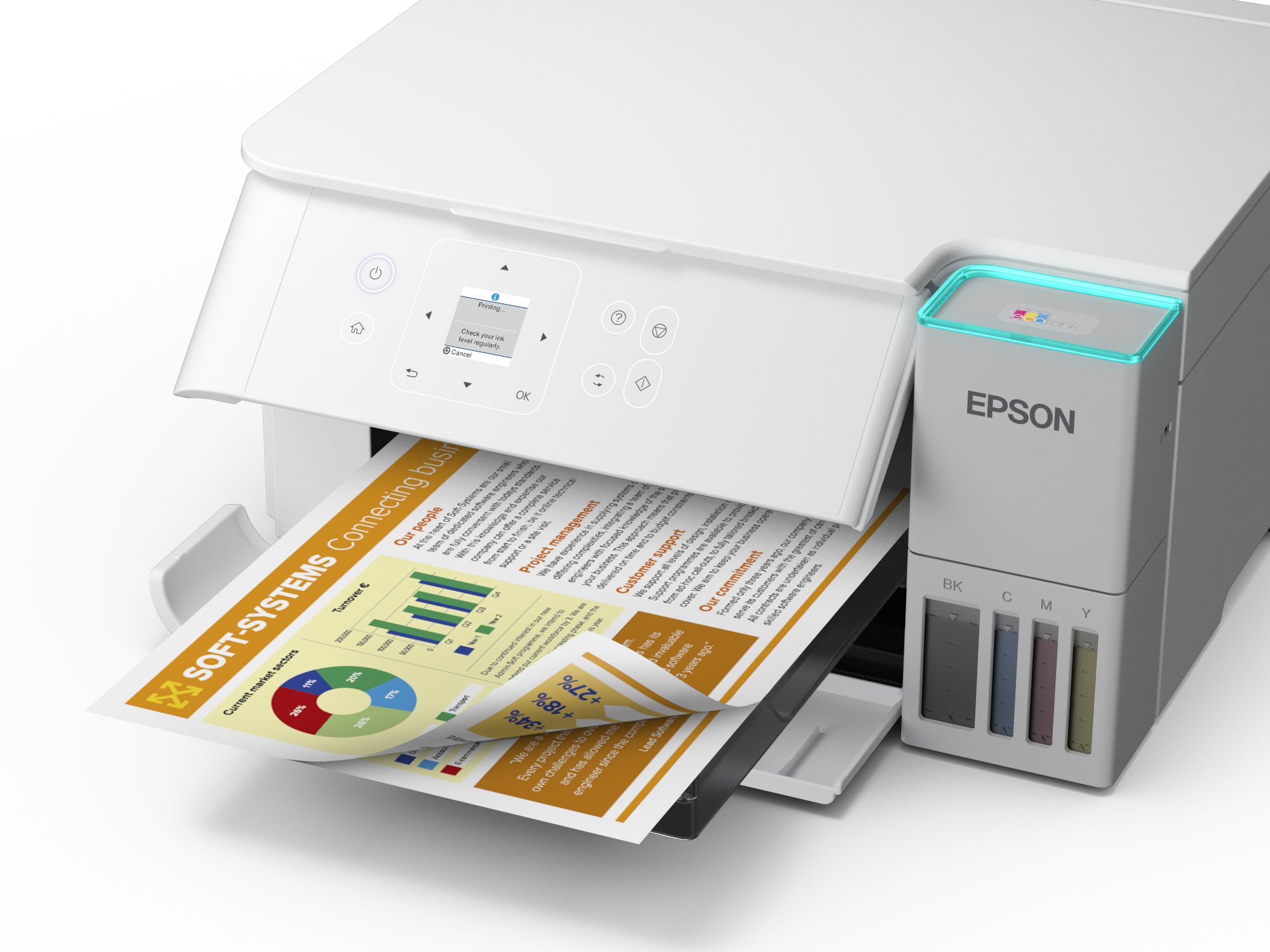 Una stampante EPSON bianca stampa un grafico con grafici a torta e a barre.