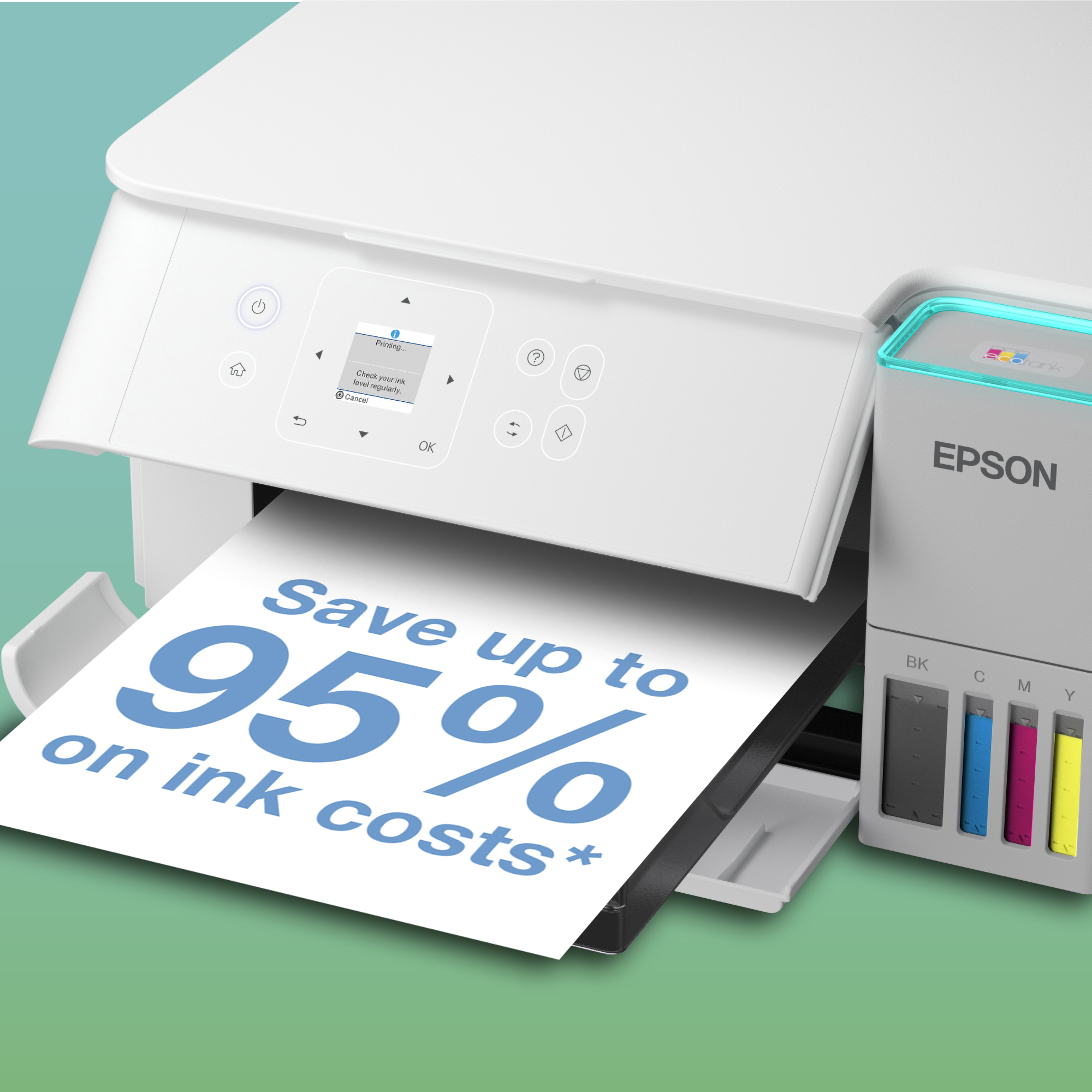Una stampante Epson bianca stampa un foglio con "Risparmia fino al 95% sui costi dell'inchiostro".