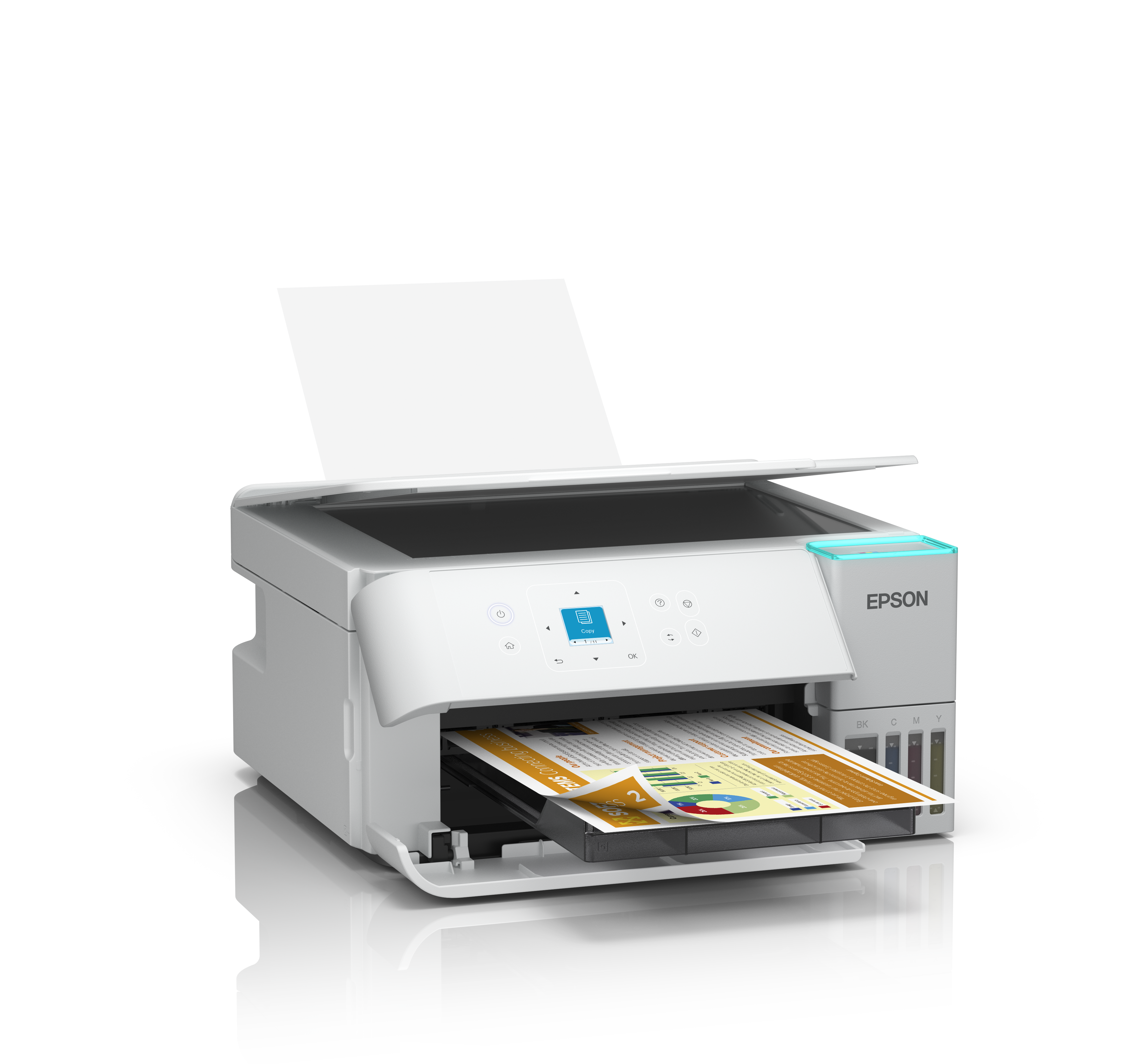 Una stampante Epson bianca con coperchio aperto e carta stampata nel vassoio.