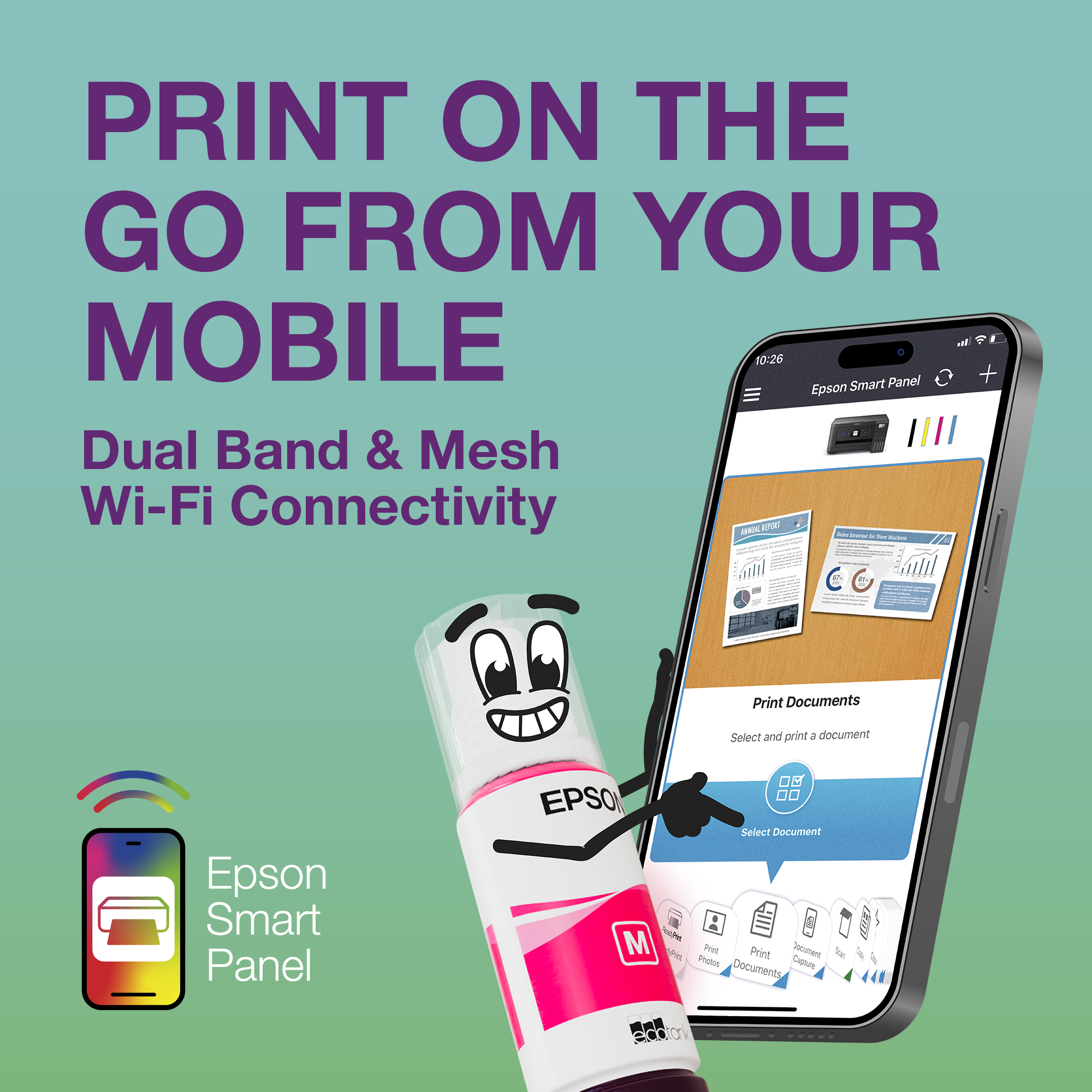 Uno smartphone mostra l'app Epson Smart Panel. Una bottiglia d'inchiostro con una faccia è accanto.