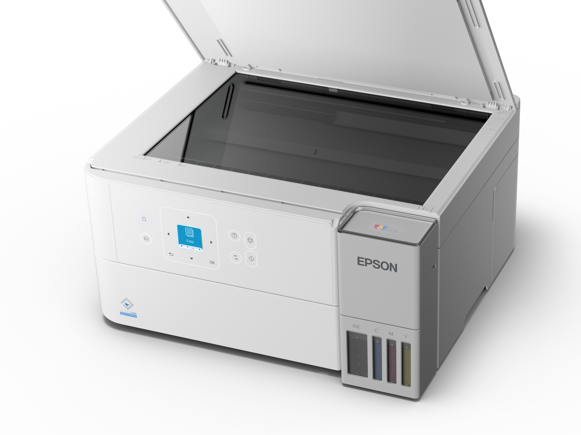 Biała drukarka Epson EcoTank z otwartą pokrywą skanera, widoczne zbiorniki na tusz.