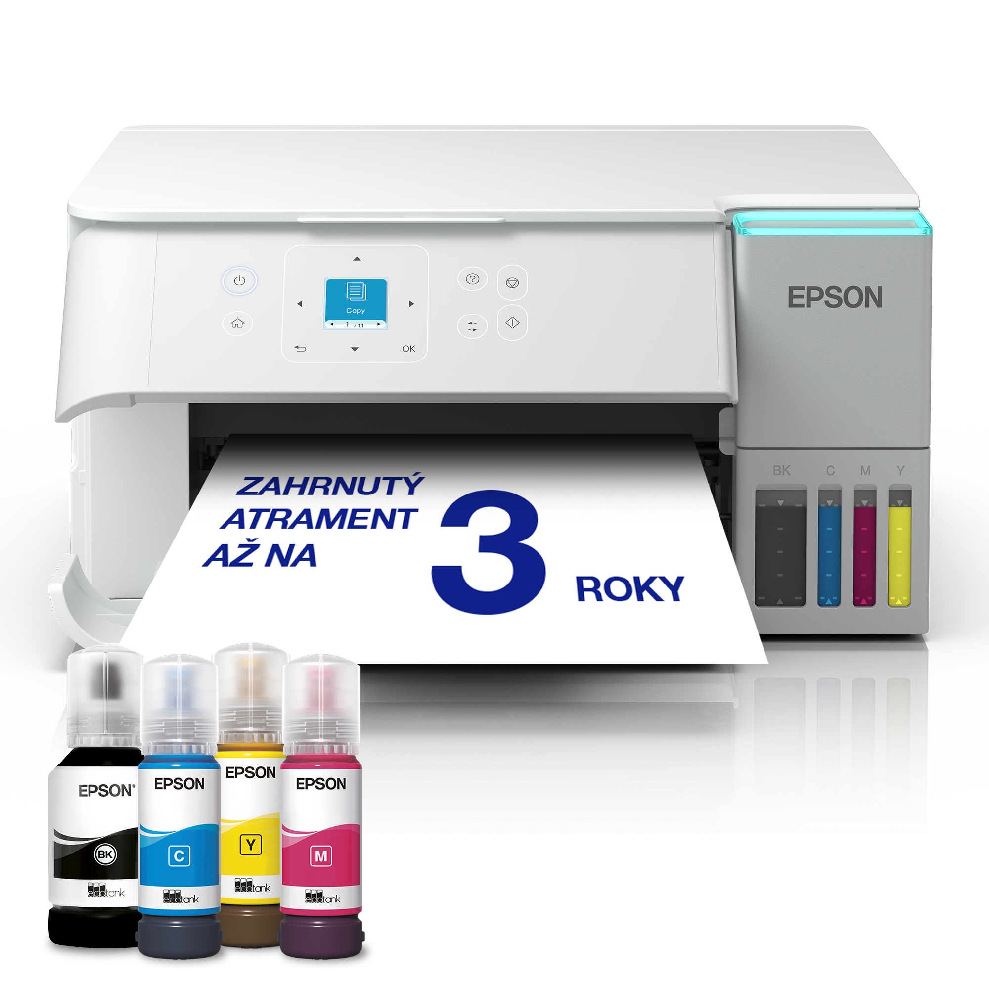 Biała drukarka Epson z czterema butelkami tuszu: czarny, cyjan, żółty i magenta.