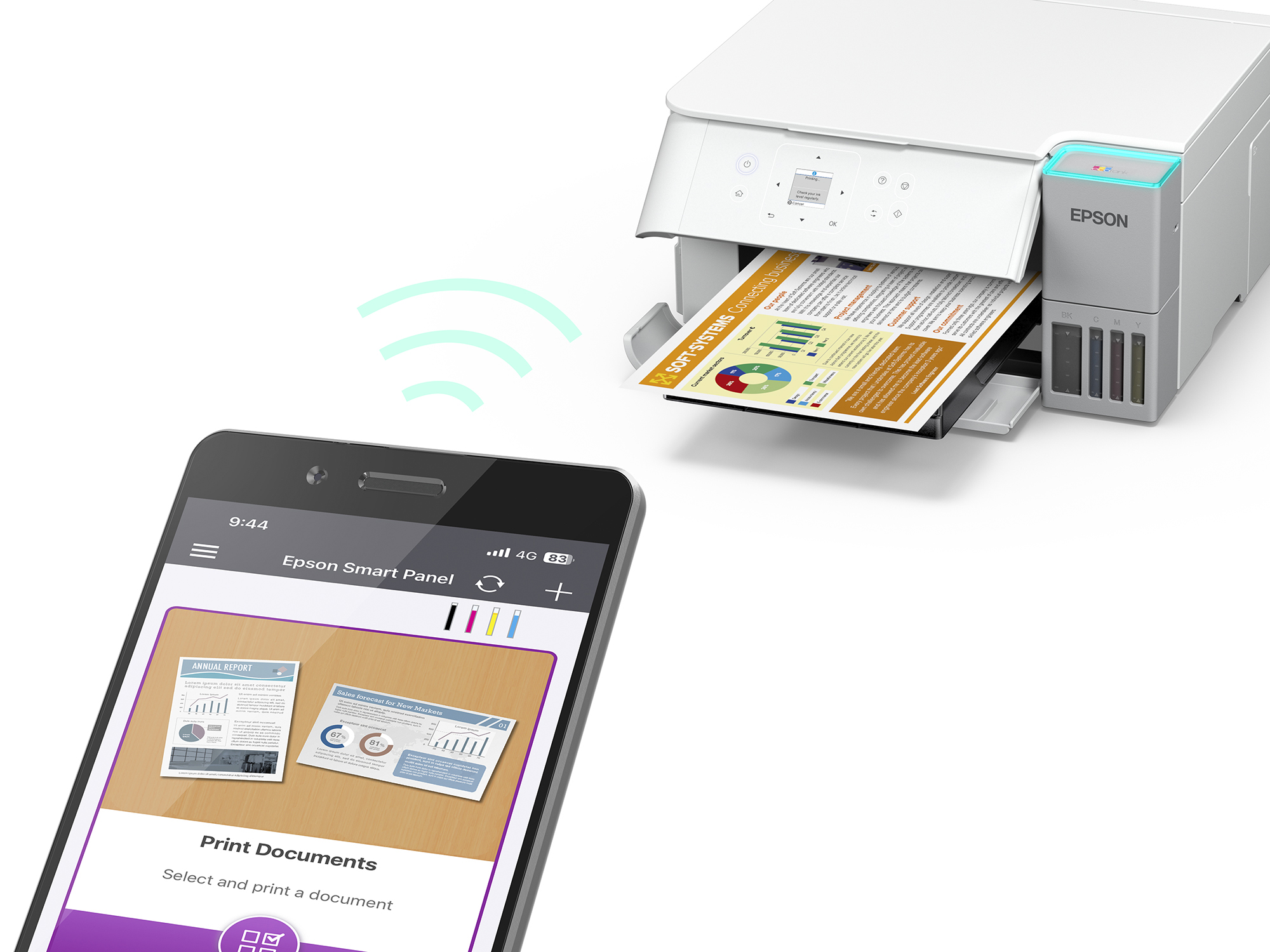 Smartfon steruje drukarką Epson, która bezprzewodowo drukuje dokument.