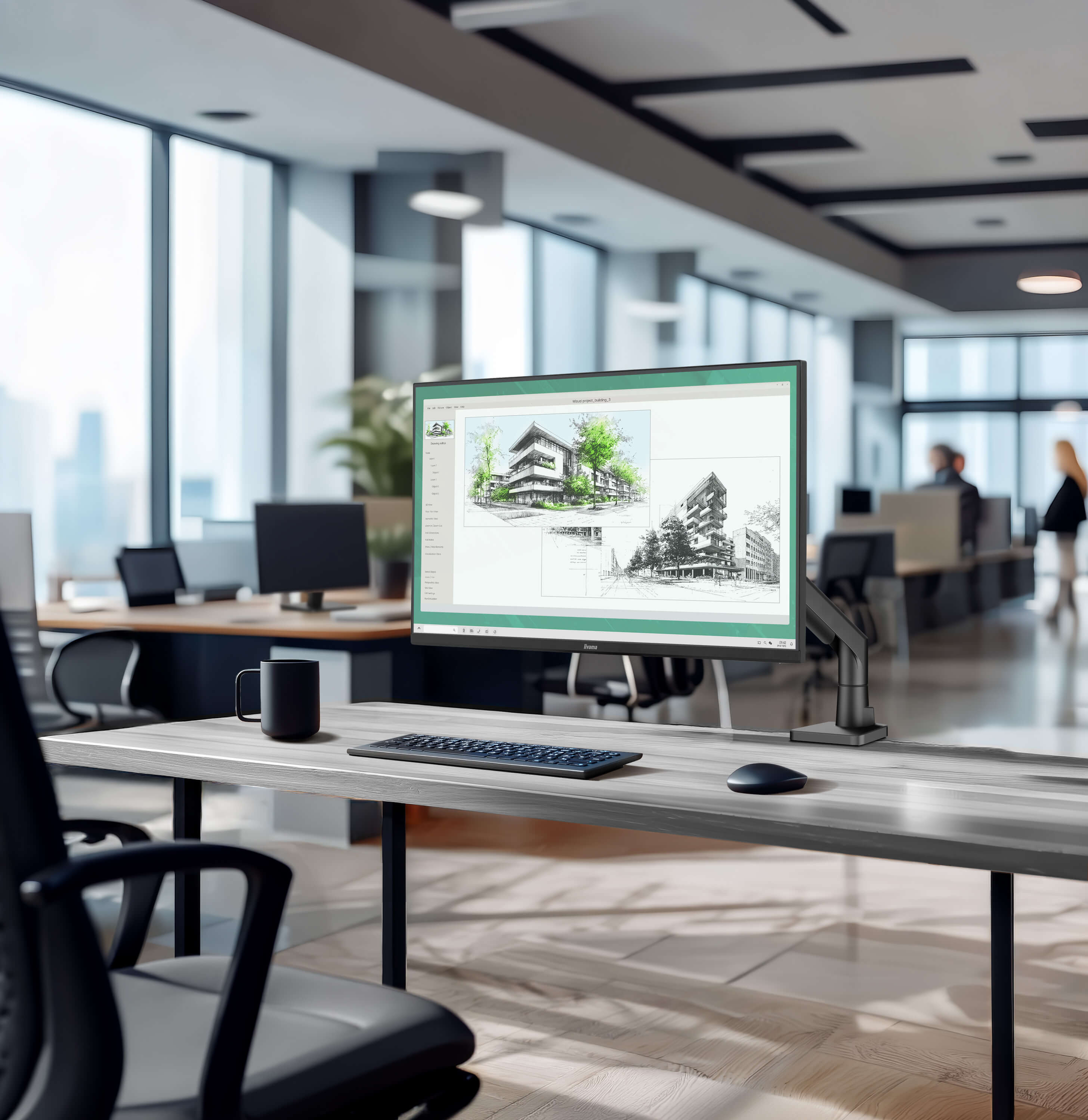 Biurko z monitorem wyświetlającym rysunki architektoniczne. Czarny kubek, klawiatura, mysz.