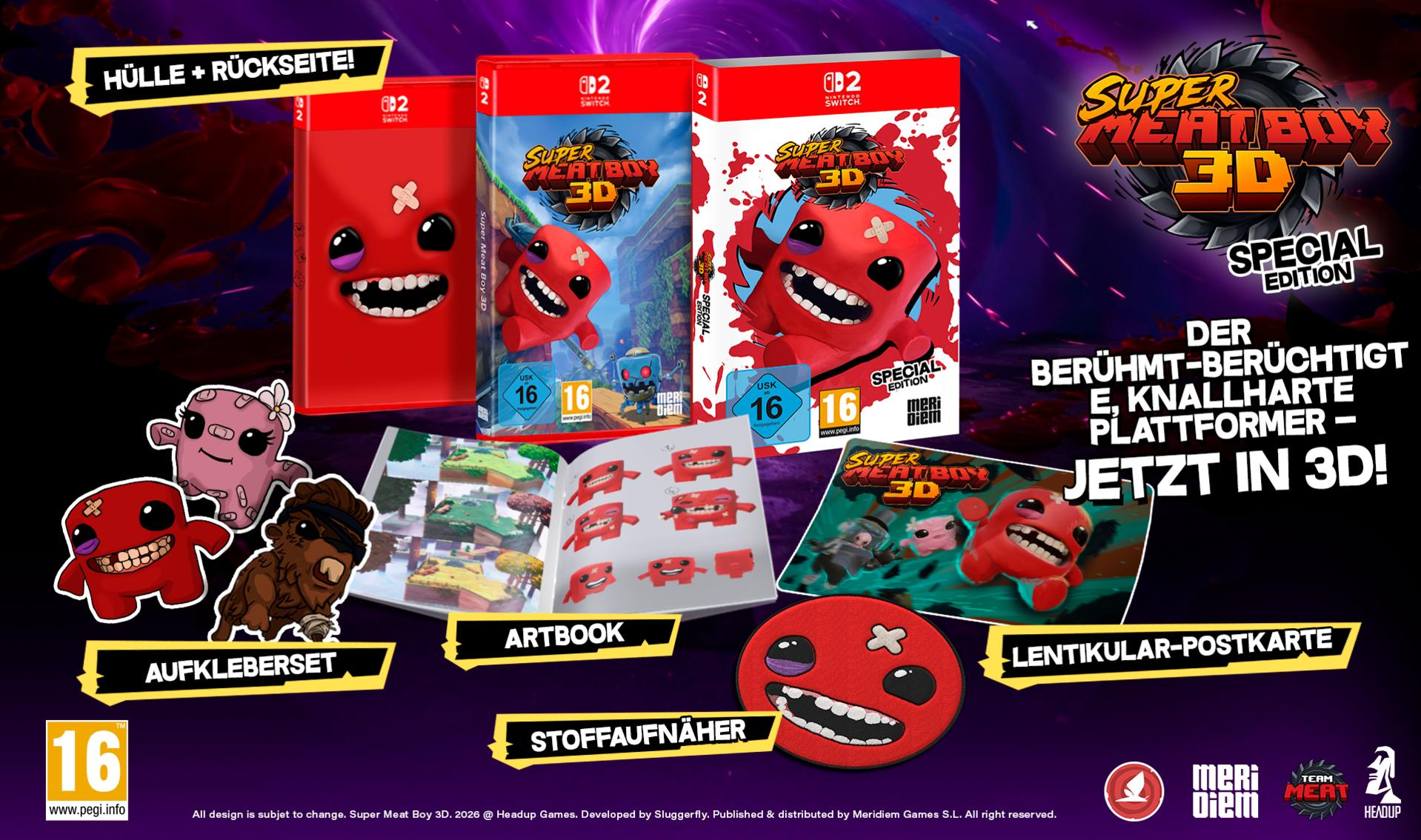 Super Meat Boy 3D Special Edition für Nintendo Switch mit Artbook und Stickern.