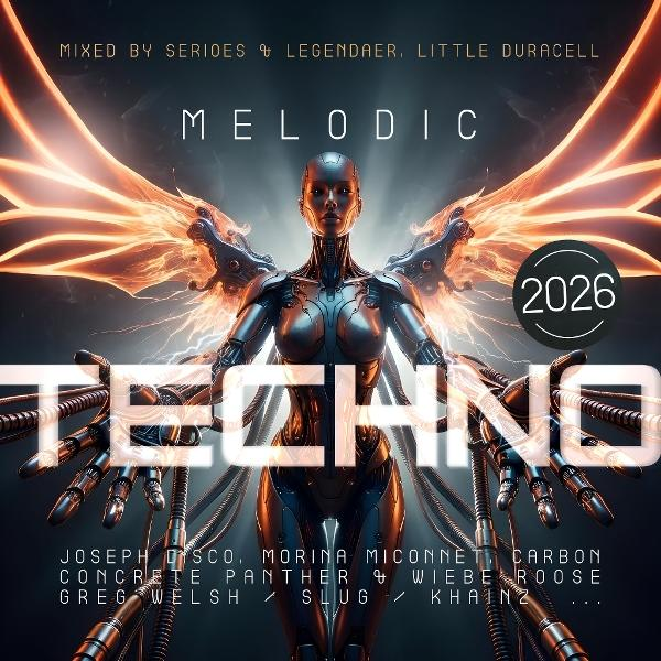 Ein Cyborg mit Flügeln steht vor dem Schriftzug TECHNO. 2026.
