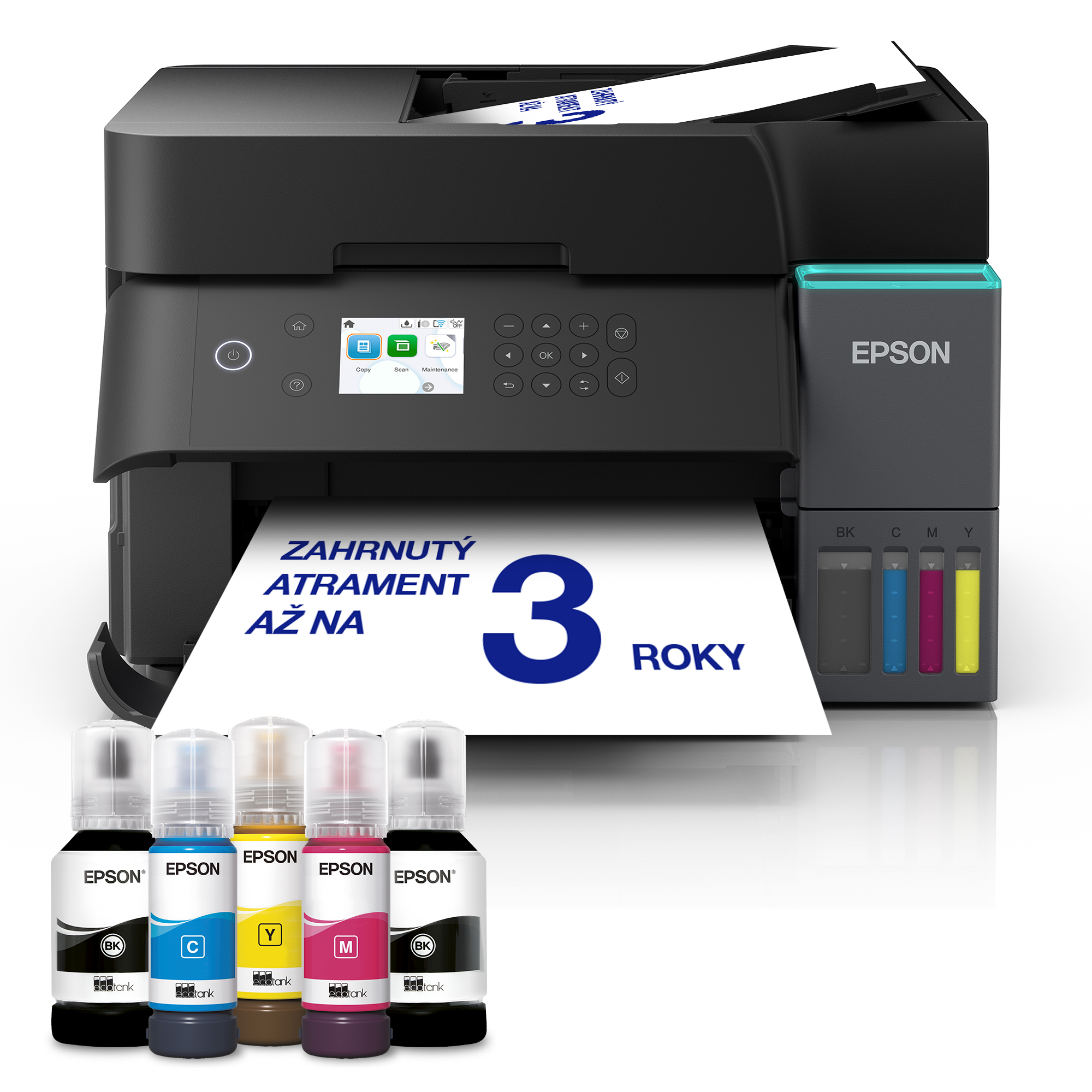 Drukarka Epson z butelkami z tuszem i kartką papieru w podajniku.