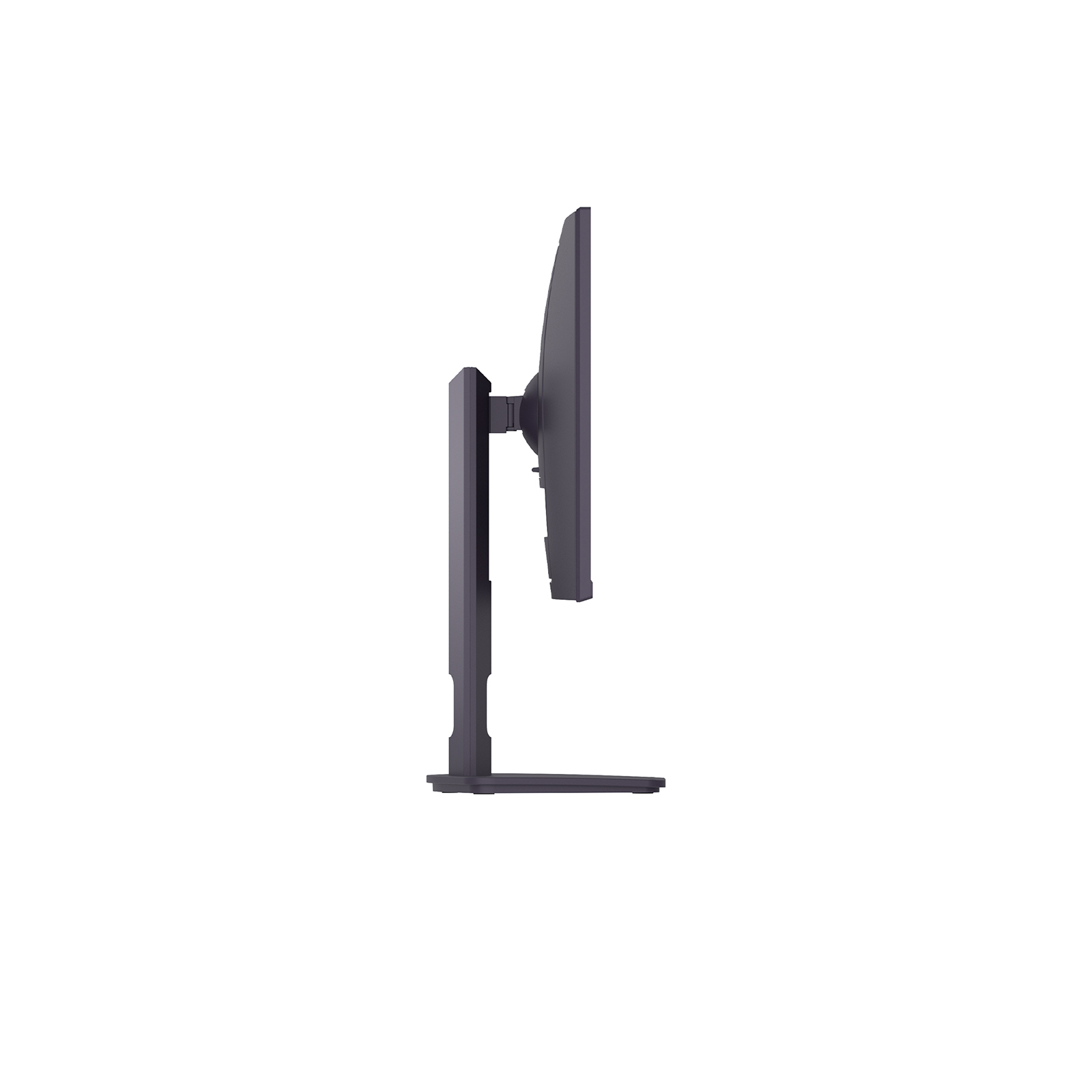 Ein dunkler Computermonitor mit Standfuß, von der Seite gesehen.