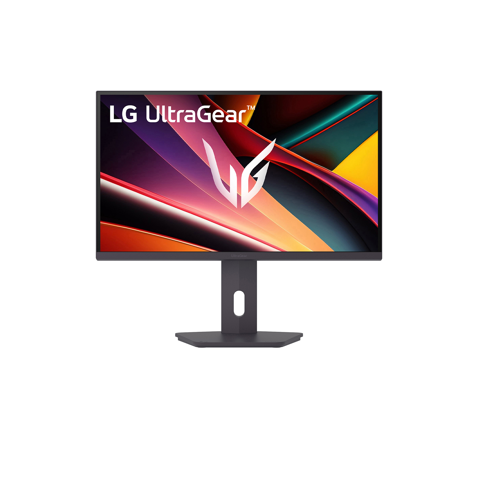 Ein schwarzer LG UltraGear Monitor mit einem bunten abstraktem Hintergrundbild.