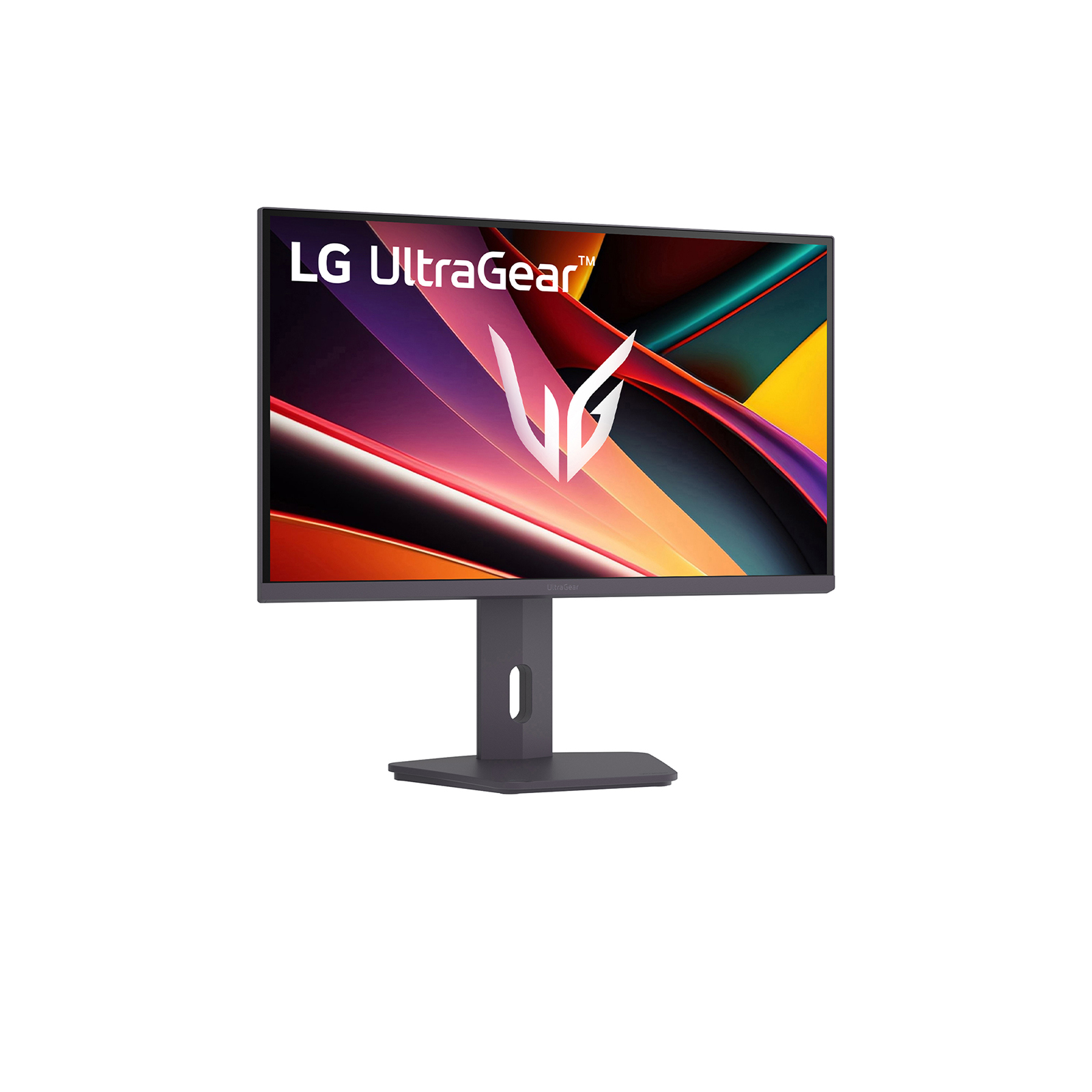 Ein LG UltraGear Monitor mit einem abstrakten, bunten Hintergrund und einem stilisierten Logo.
