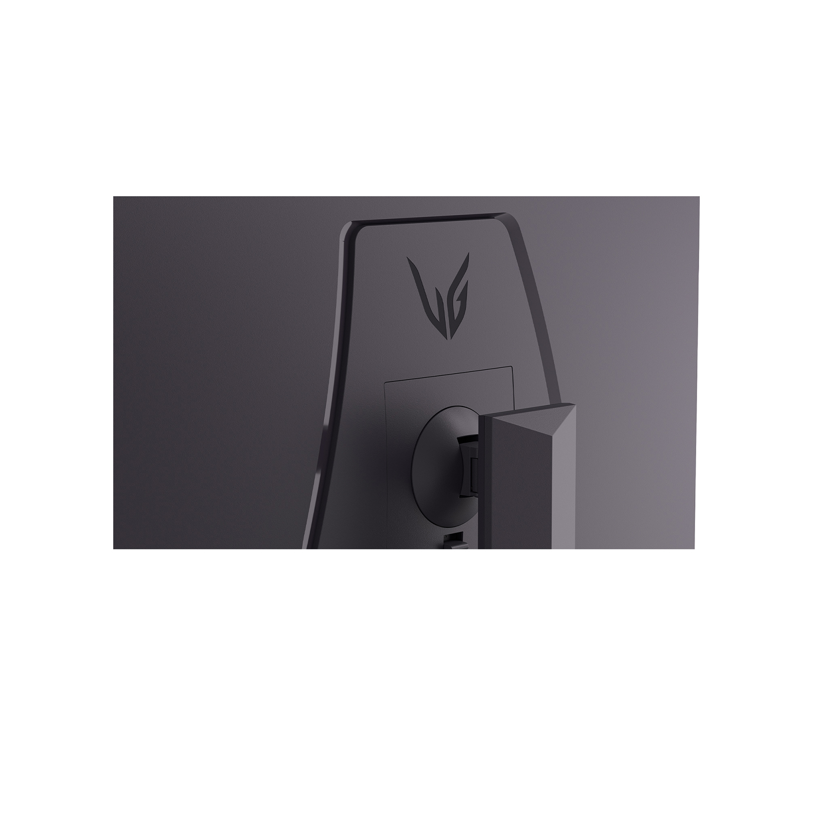 Rückseite eines Monitors mit LG-Logo. Dunkelgrauer Hintergrund.